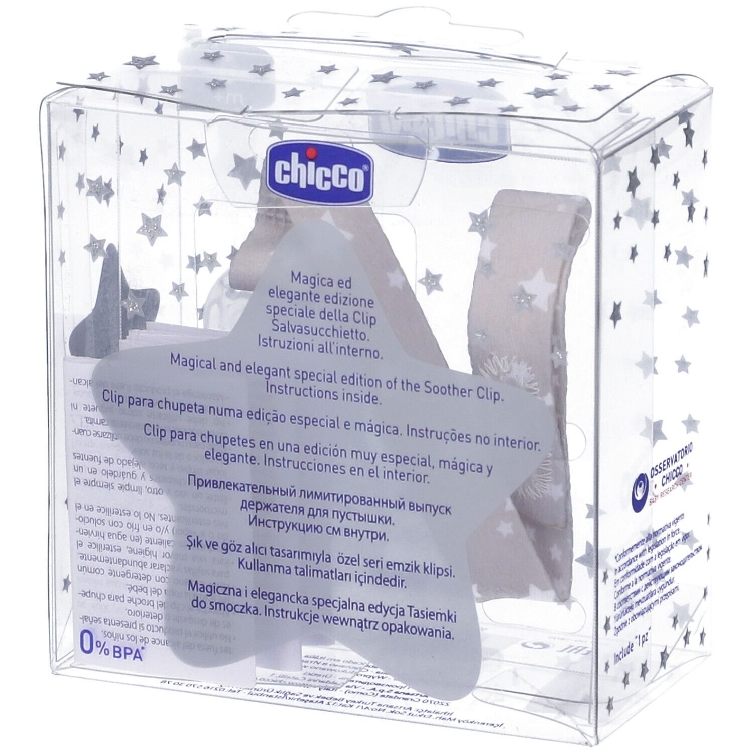 Set clip Chicco per succhietto in confezione trasparente. Include clip, supporto e decorazione a stella. Età: 0m+.