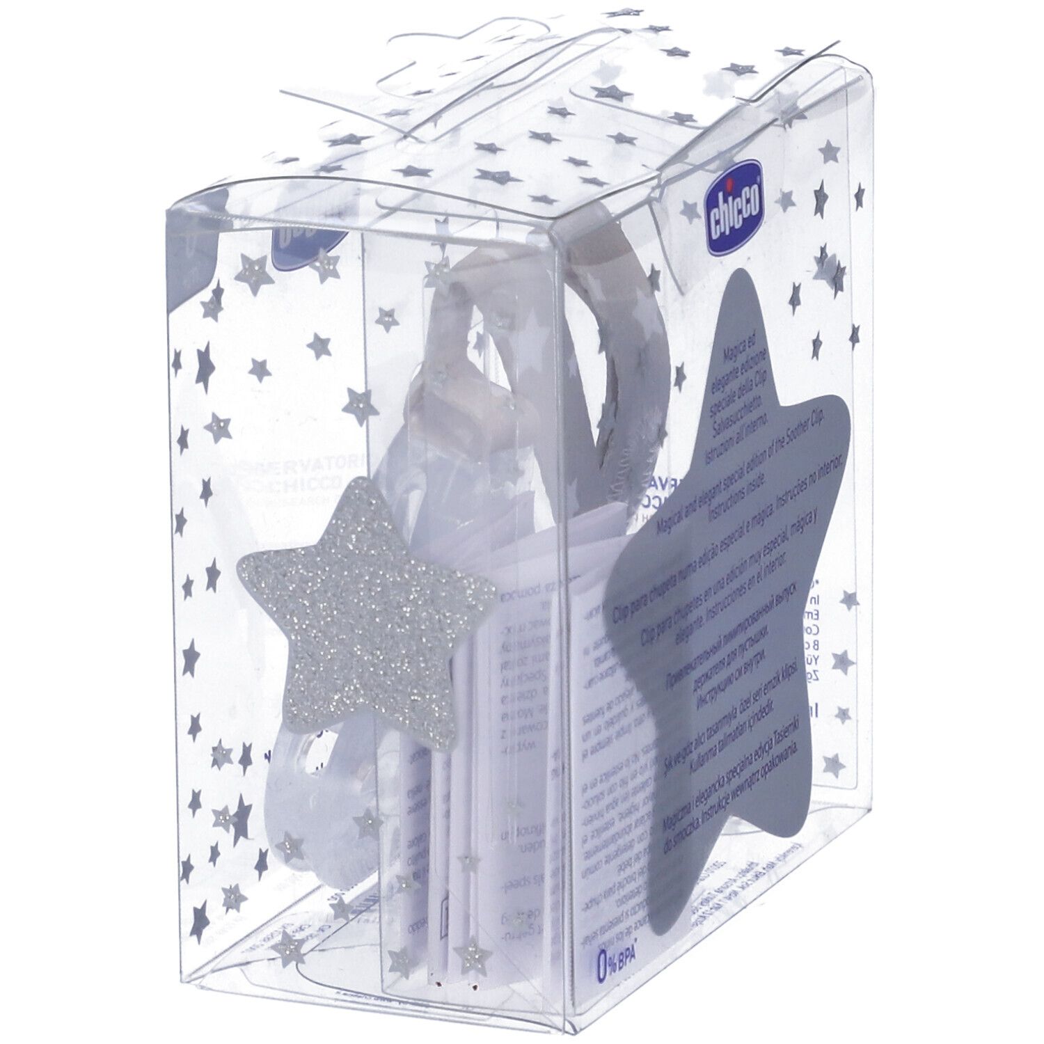 Set clip Chicco per succhietto in confezione trasparente. Include clip, supporto e decorazione a stella. Età: 0m+.