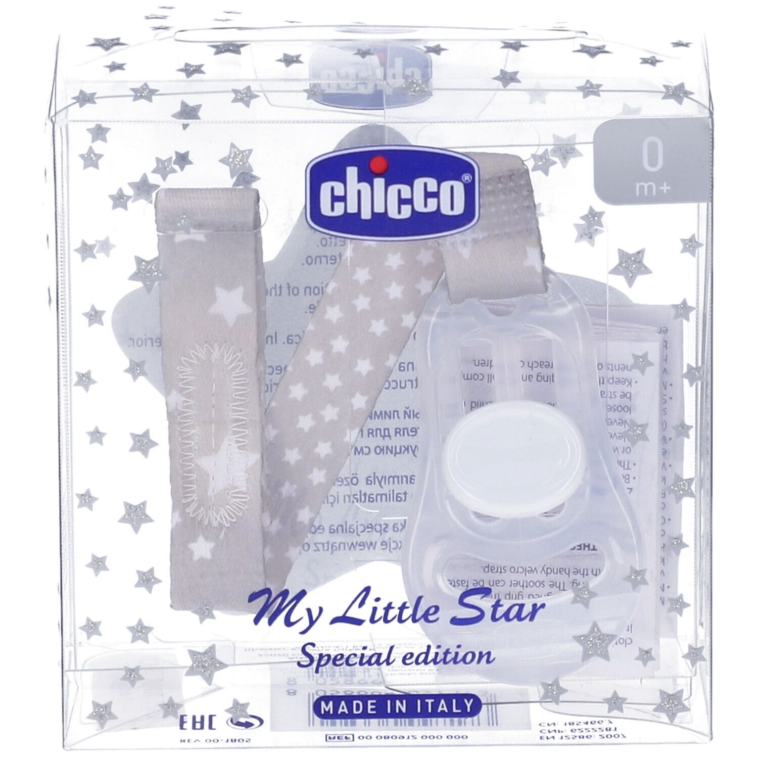 Clip Chicco per succhietto con motivo stelle, confezione trasparente. Con nastro, supporto e stelle. Età: 0m+.