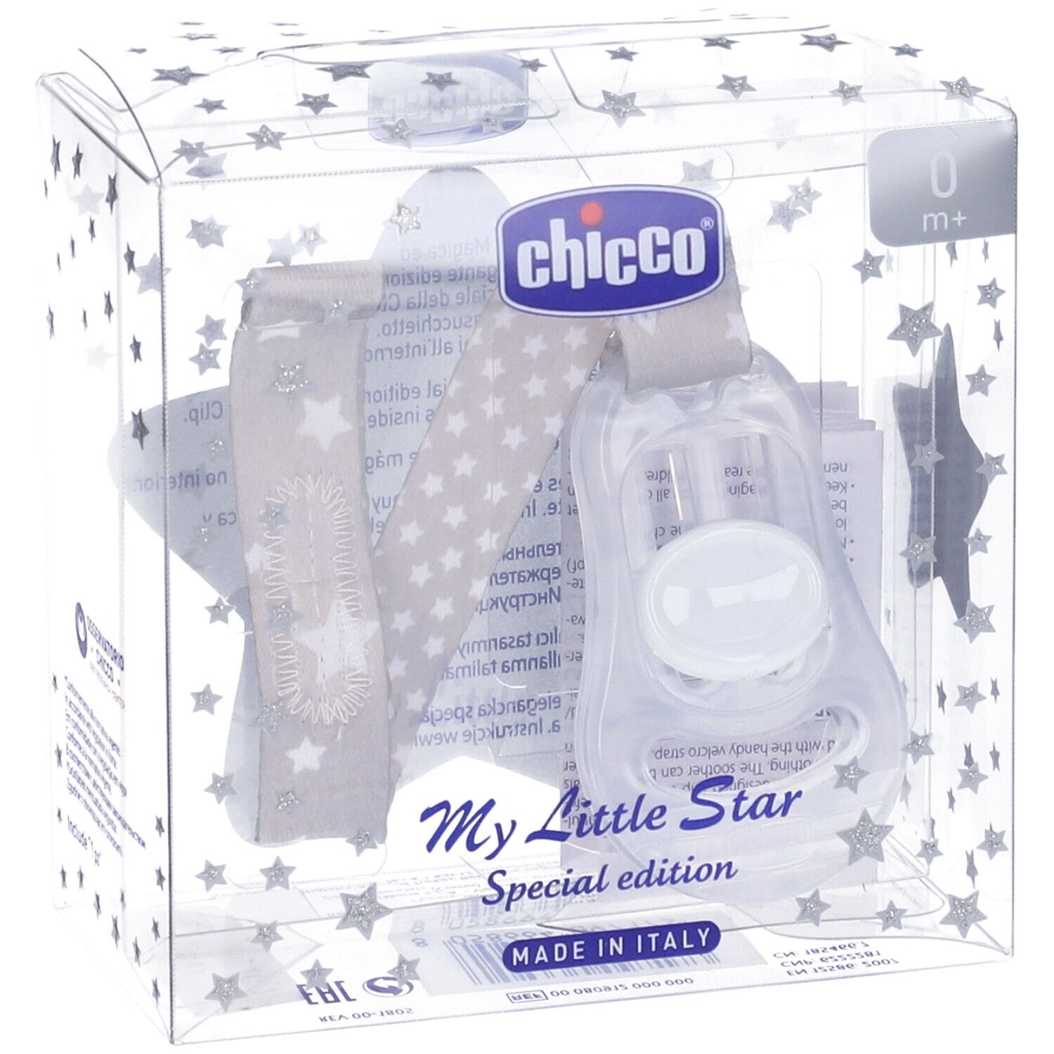Clip Chicco per succhietto con motivo stelle, confezione trasparente. Con nastro, supporto e stelle. Età: 0m+.