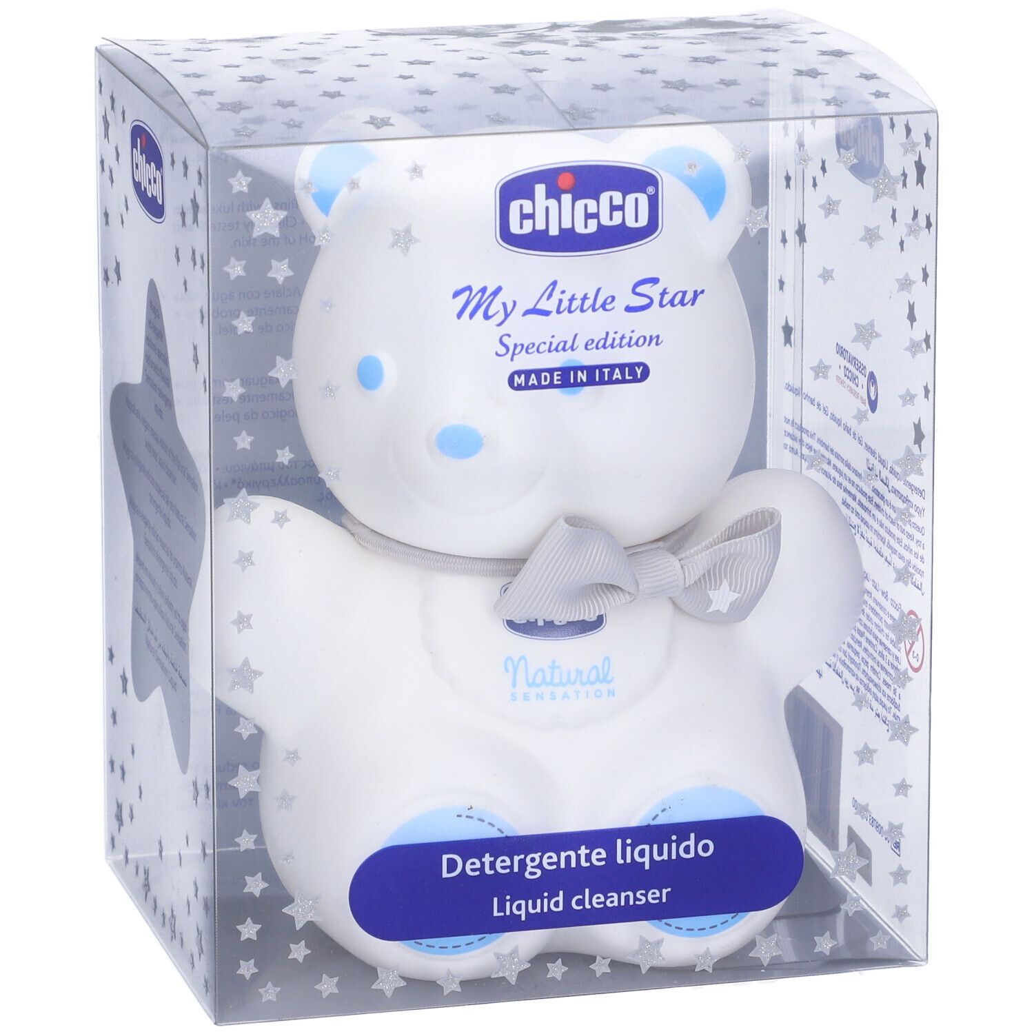 Confezione con orsetto bianco, motivo stelle. Scritte: Chicco, My Little Star, Detergente liquido.