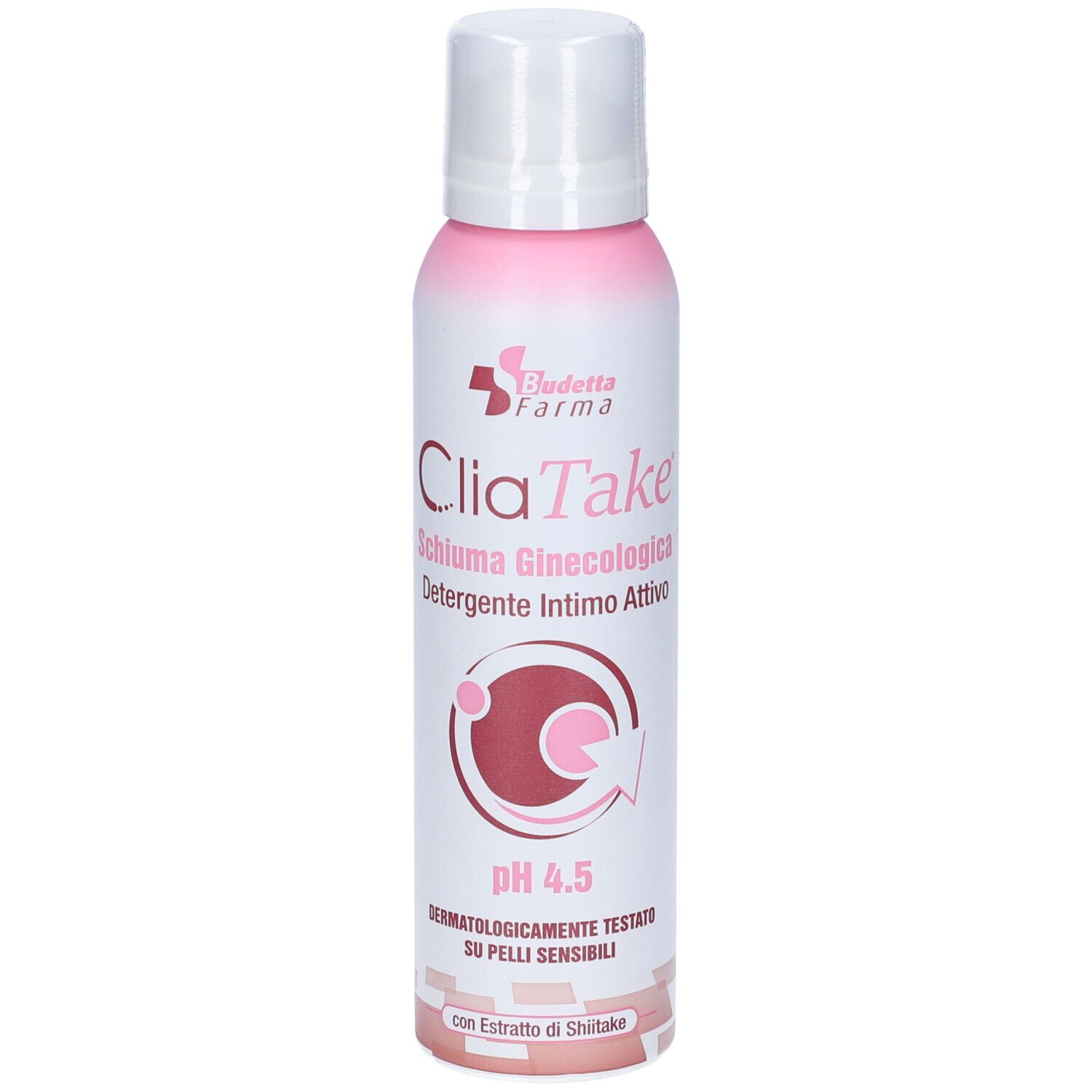 Bomboletta rosa e bianca con nome Cliatake. Testo: Schiuma Ginecologica, pH 4.5, dermatologicamente testato. Con estratto di Shiitake.