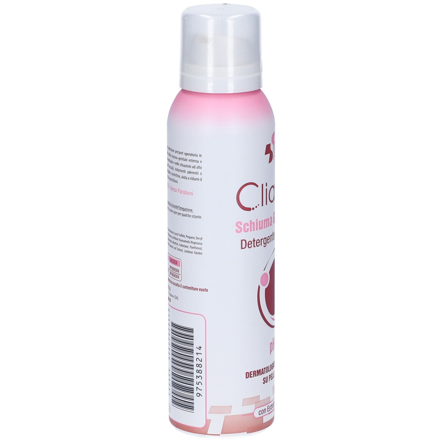 Bomboletta rosa e bianca, vista laterale. Testo: Cliatake, Schiuma Ginecologica, pH 4.5. Codice a barre e testo su sfondo bianco.