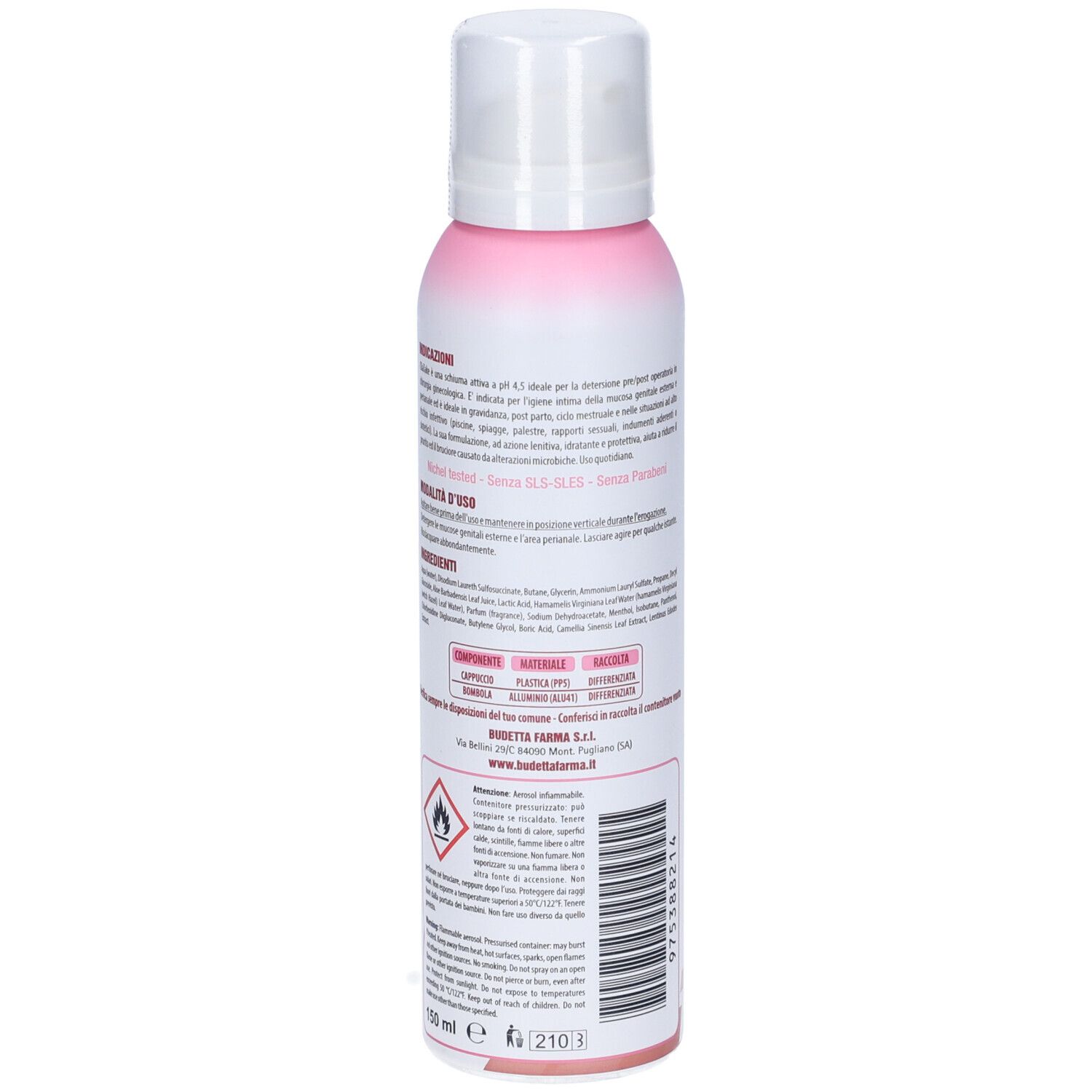 Retro della bomboletta rosa e bianca. Testo: Cliatake, ingredienti, istruzioni per l'uso, avvertenze. Logo e codice a barre.