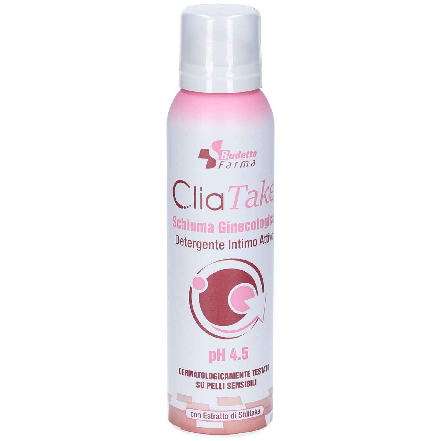 Bomboletta rosa e bianca con nome Cliatake. Testo: Schiuma Ginecologica, pH 4.5, dermatologicamente testato. Con estratto di Shiitake.