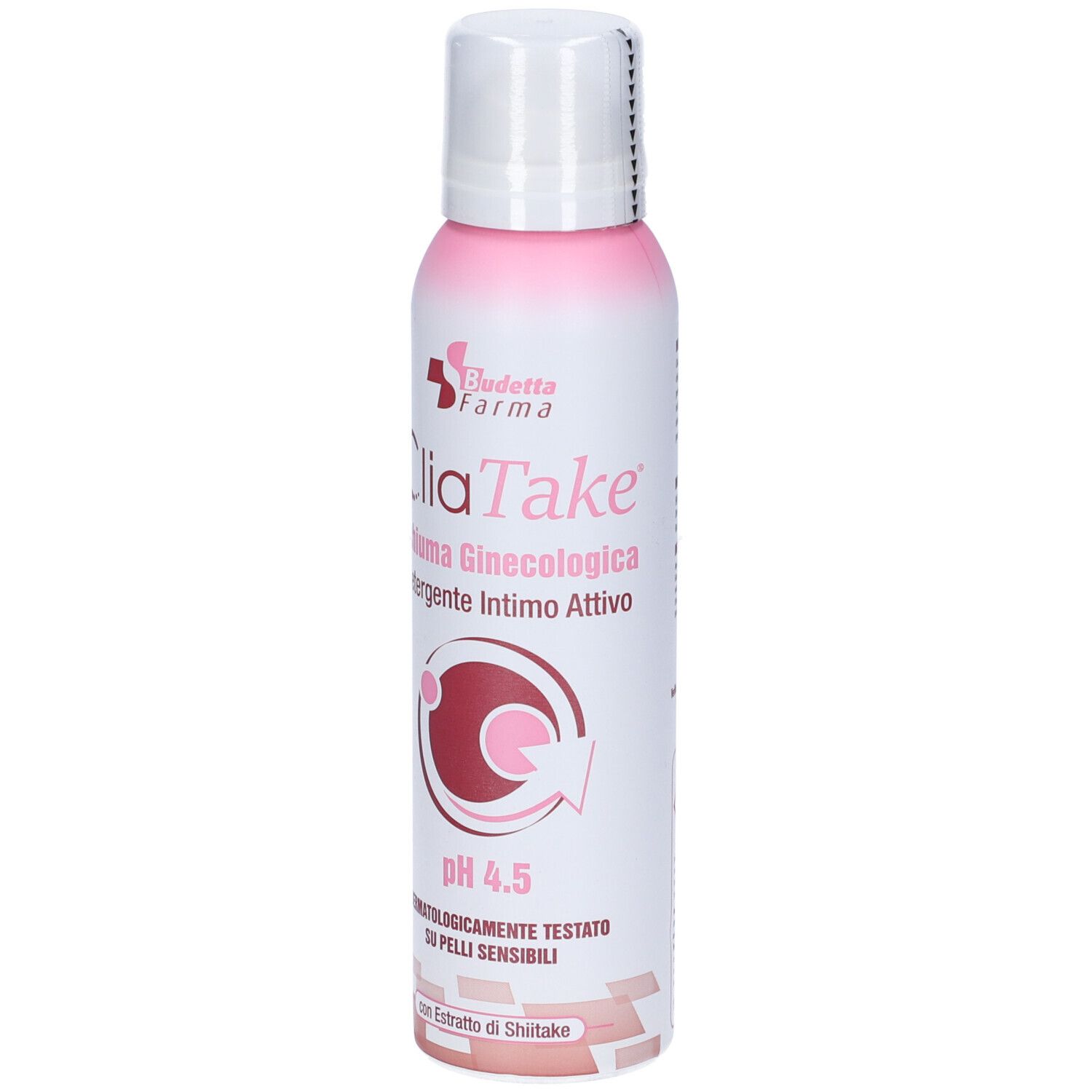 Bomboletta rosa e bianca con nome Cliatake. Testo: Schiuma Ginecologica, pH 4.5, dermatologicamente testato. Con estratto di Shiitake.