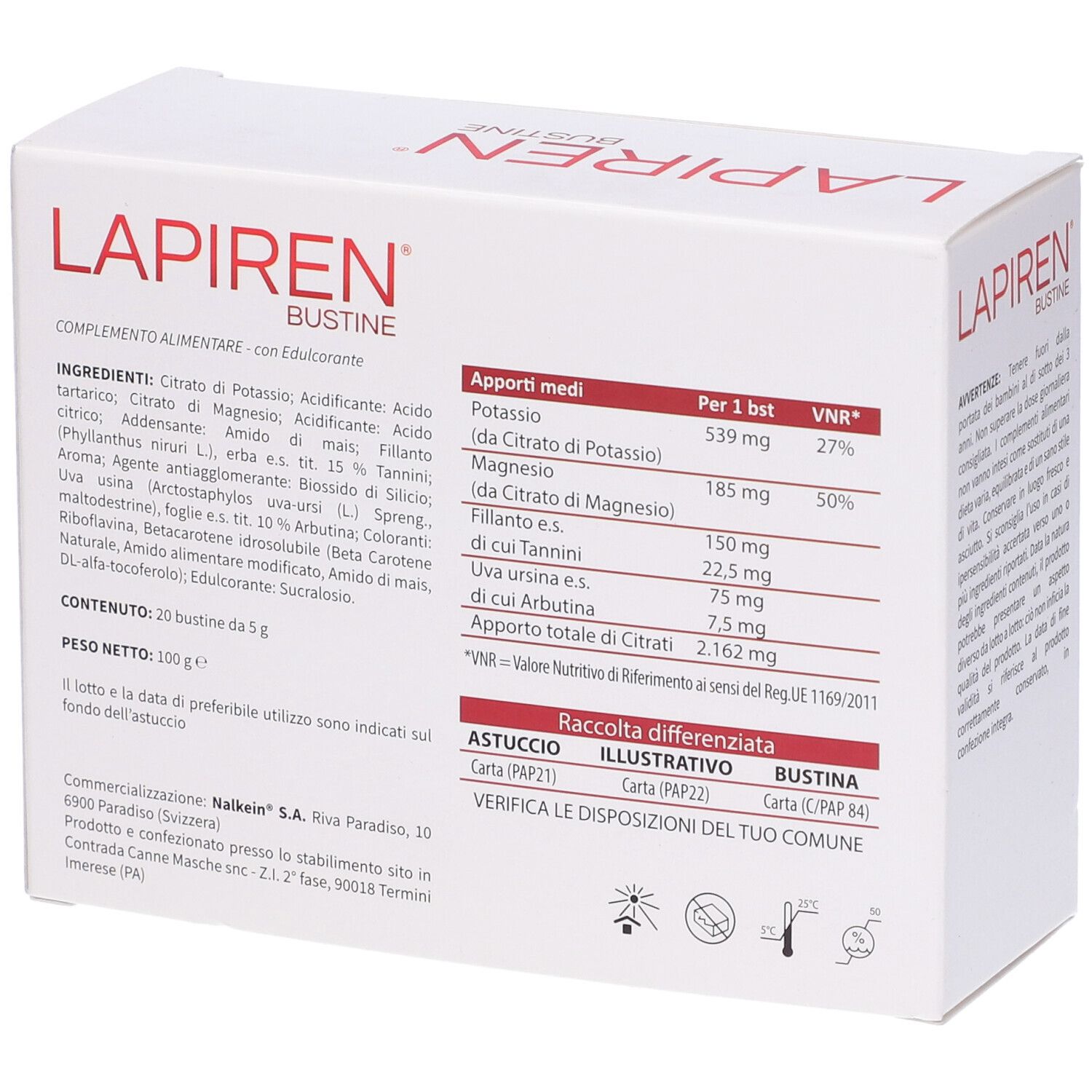 Scatola bianca con scritta rossa LAPIRIN BUSTINE. Contiene ingredienti e informazioni nutrizionali. Marchio NALKEIN. Contiene 20 bustine.