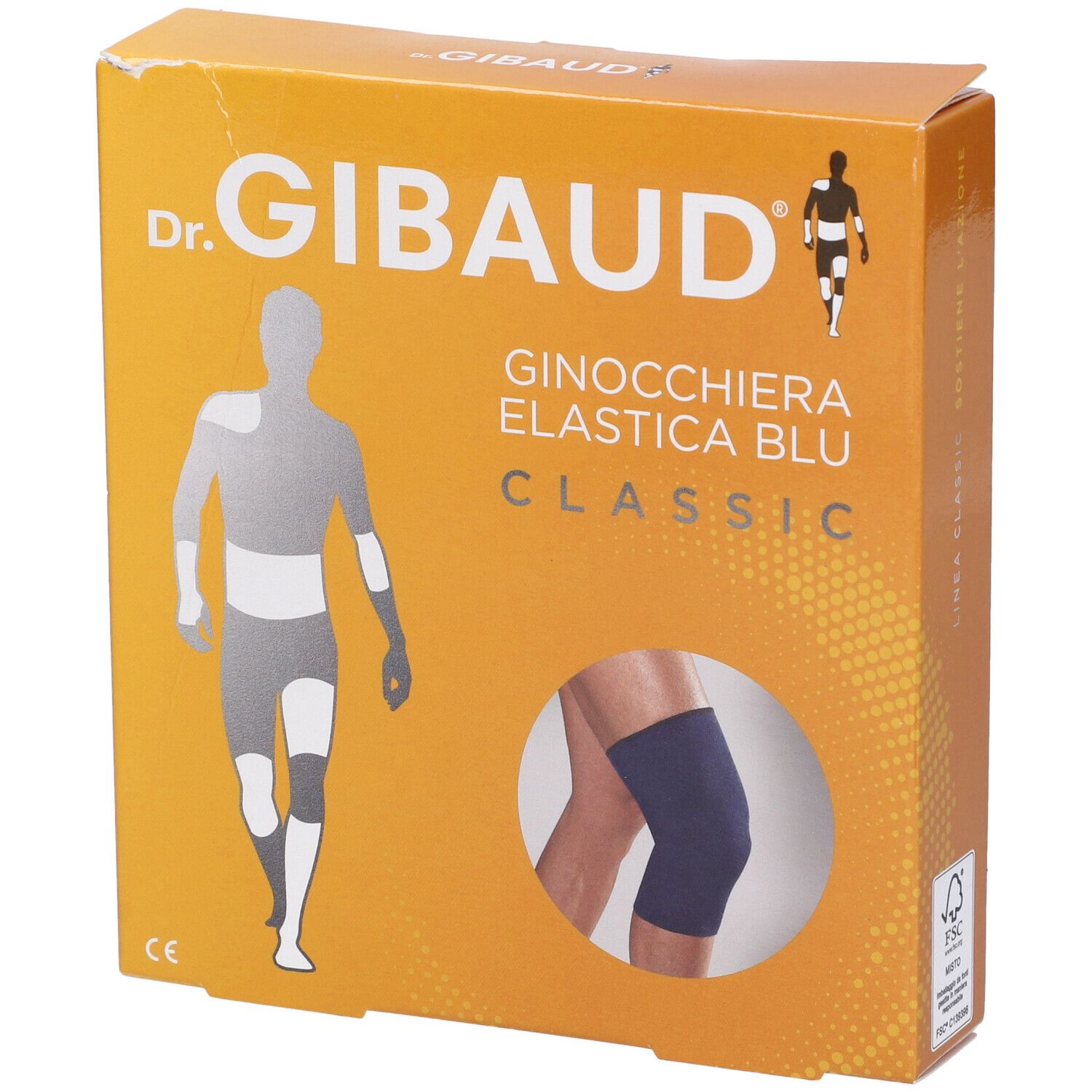 Scatola Ginocchiera Gibaud Elastica Blu 2. Scatola arancione con immagine del prodotto e logo del marchio. Marchio CE.