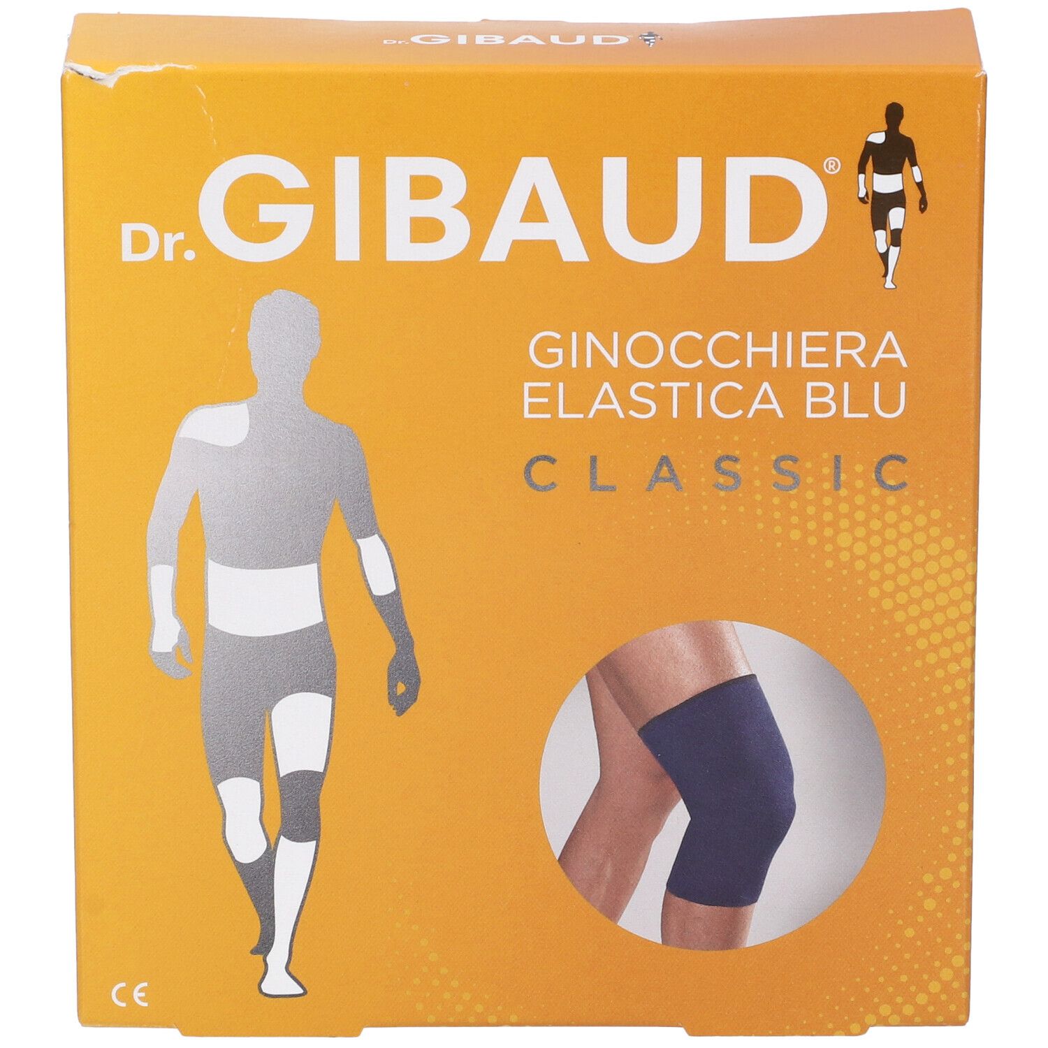 Fronte della confezione Ginocchiera Gibaud Elastica Blu 2. Scatola arancione con immagine del prodotto e logo.