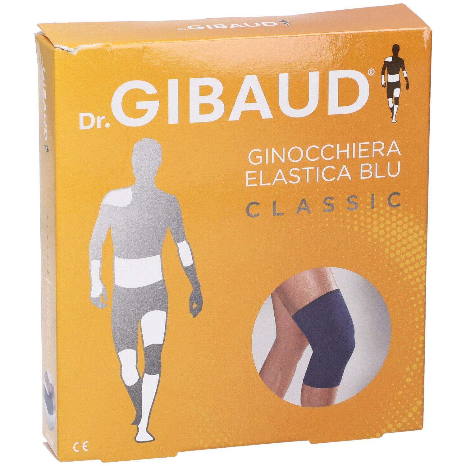 Fronte della confezione Ginocchiera Gibaud Elastica Blu 2. Scatola arancione con immagine del prodotto e logo.