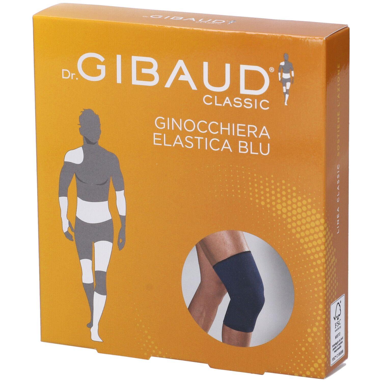 Confezione di Ginocchiera Gibaud Elastica Blu 3. Stampa con immagine del prodotto e logo del marchio.
