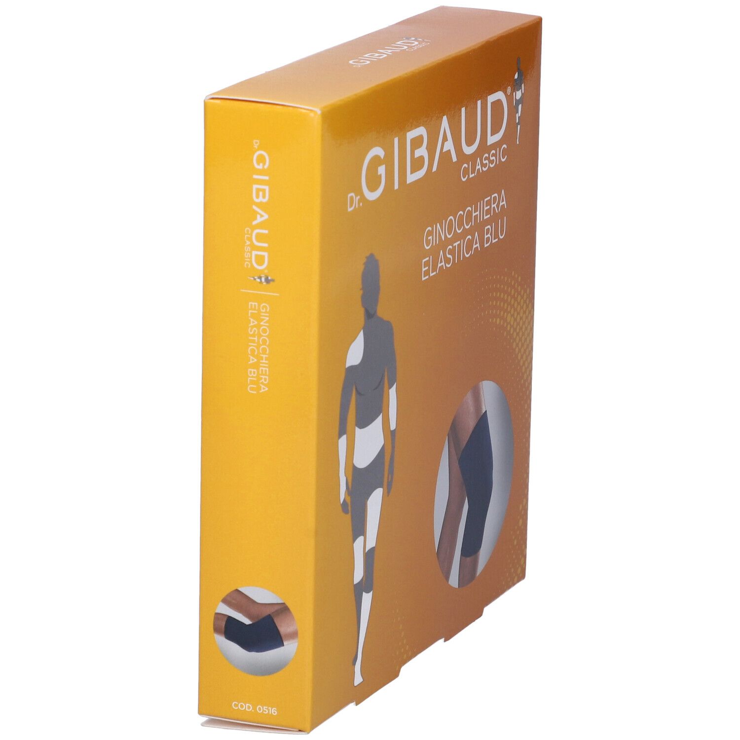Vista obliqua della confezione di Ginocchiera Gibaud Elastica Blu 3. Stampa con immagine del prodotto e logo del marchio.