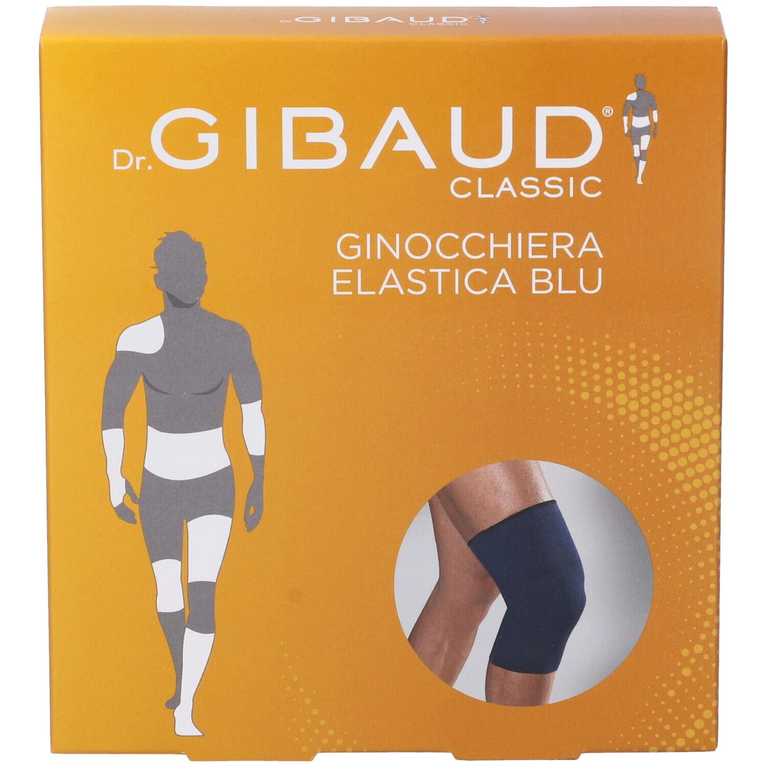 Confezione di Ginocchiera Gibaud Elastica Blu 3. Stampa con immagine del prodotto e logo del marchio.
