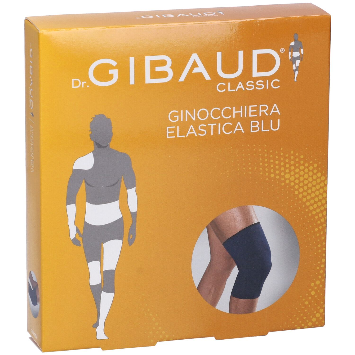 Confezione di Ginocchiera Gibaud Elastica Blu 3. Stampa con immagine del prodotto e logo del marchio.