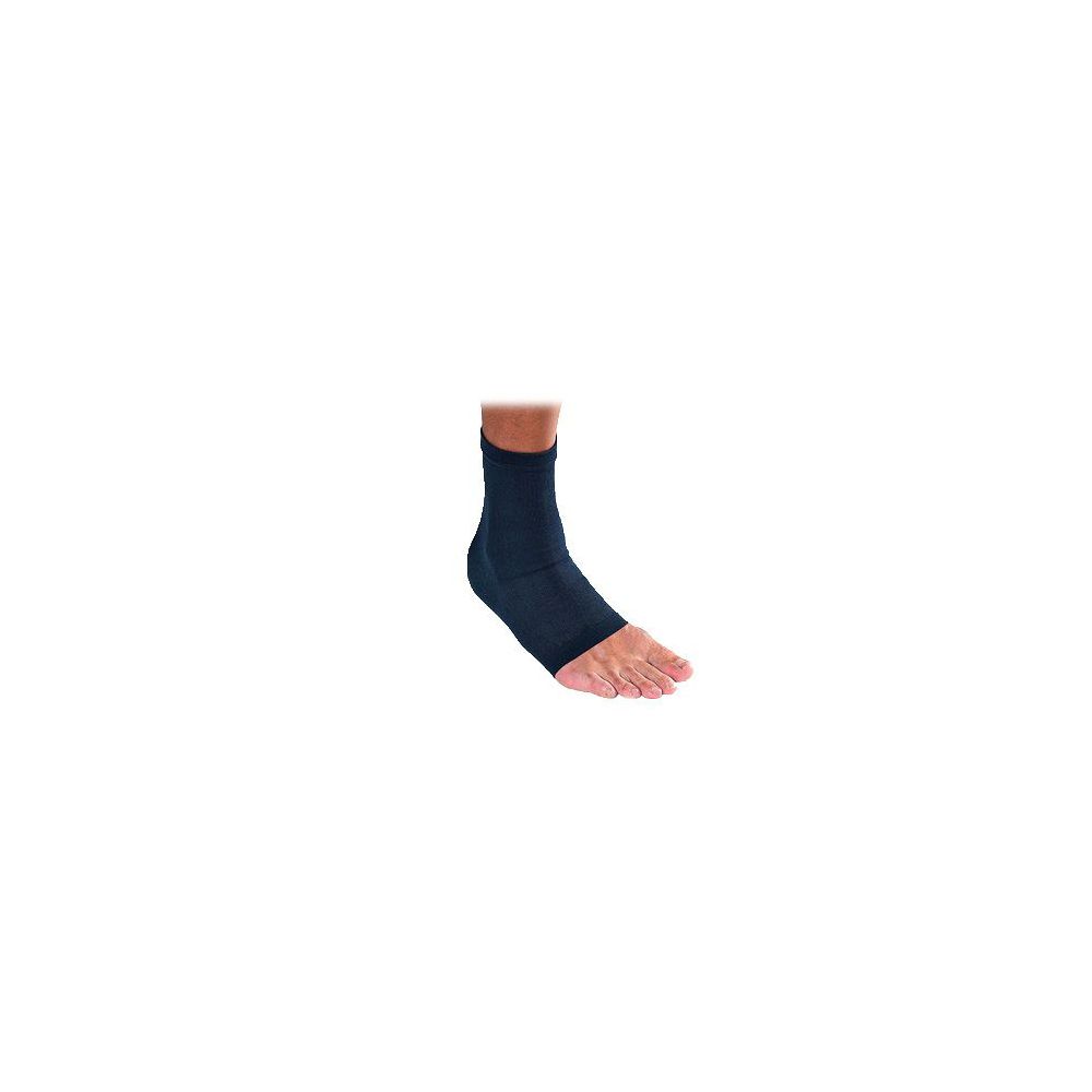 Cavigliera blu indossata. Design a punta aperta. Materiale nero.
