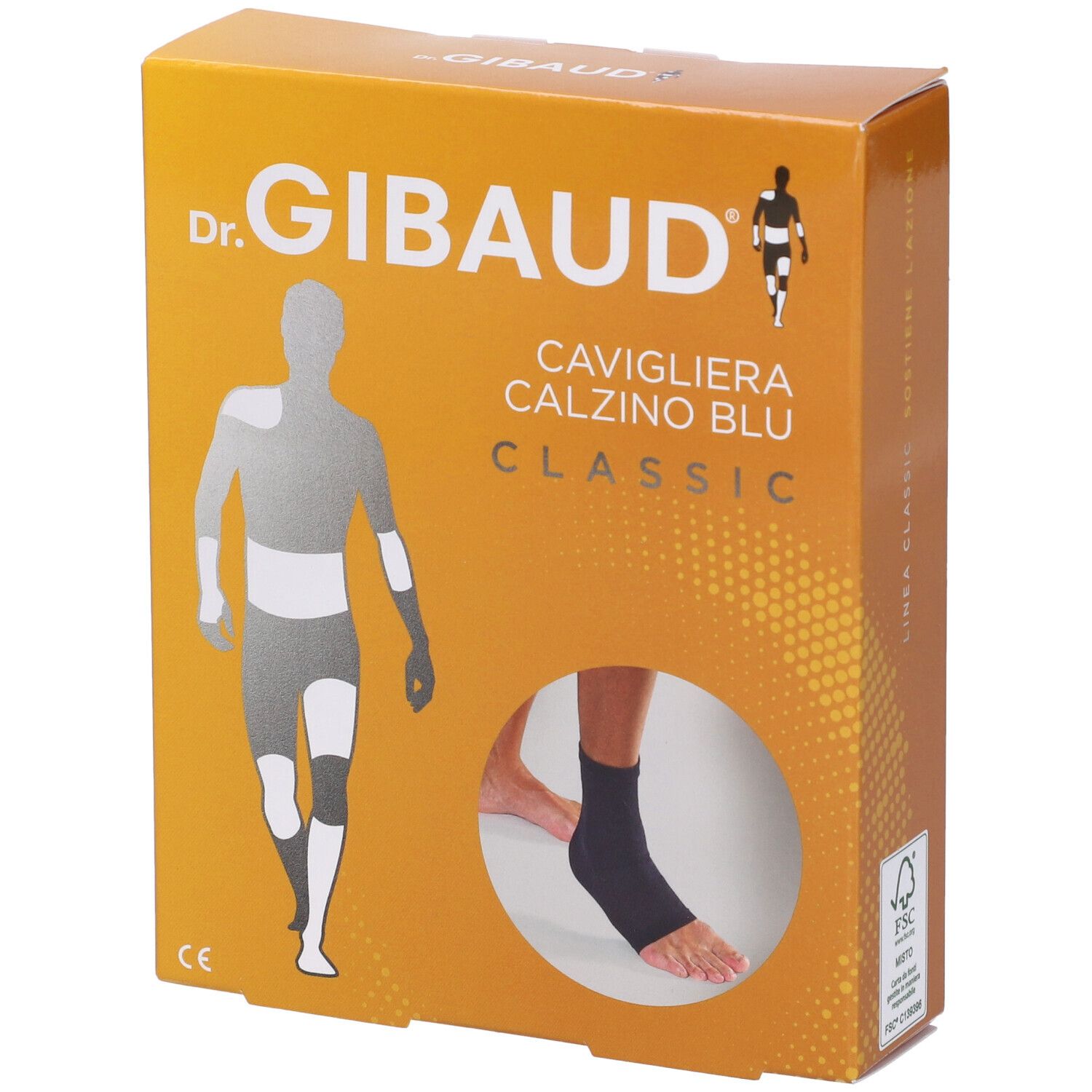 Scatola per cavigliera. Scatola arancione-gialla con immagine e testo: Dr. Gibaud, Cavigliera Calzino Blu Classic.
