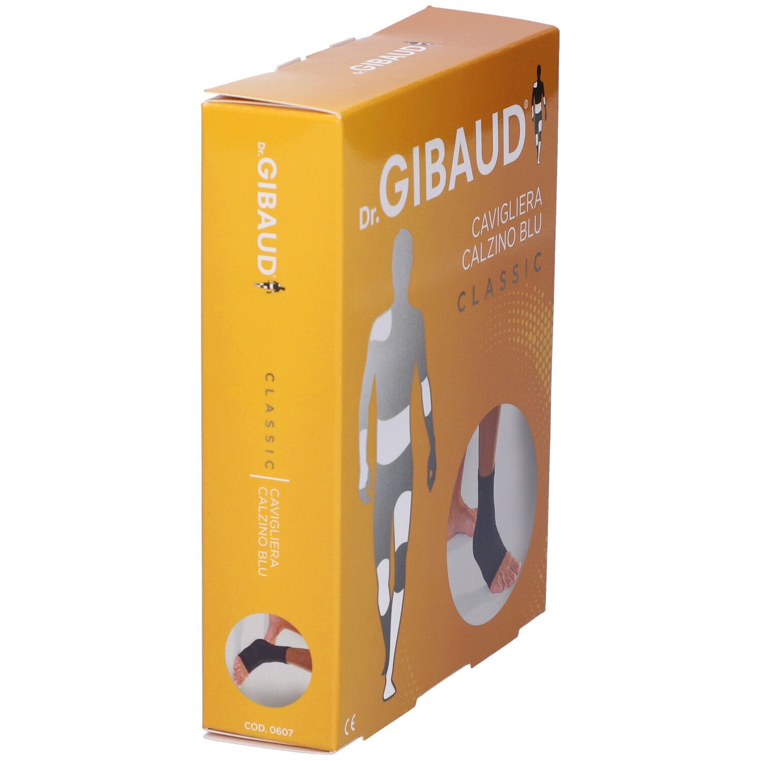 Scatola per cavigliera. Scatola arancione-gialla con immagine e testo: Dr. Gibaud, Cavigliera Calzino Blu Classic.