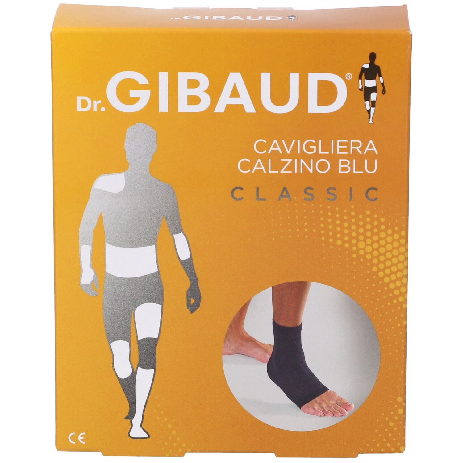 Fronte della confezione della cavigliera. Scatola arancione-gialla con immagine e testo: Dr. Gibaud, Cavigliera Calzino Blu Classic.