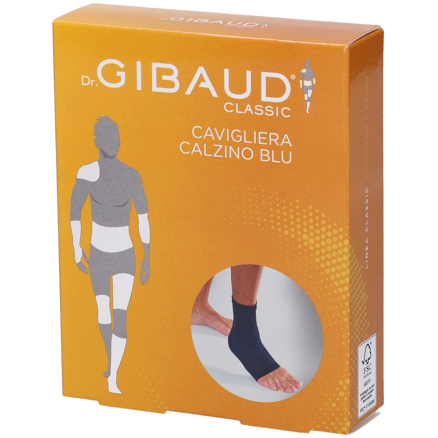 Verpackung von Cavigliera Gibaud Calzino Blu 4. Orangefarbener Karton mit Produktabbildung und Markennamen.
