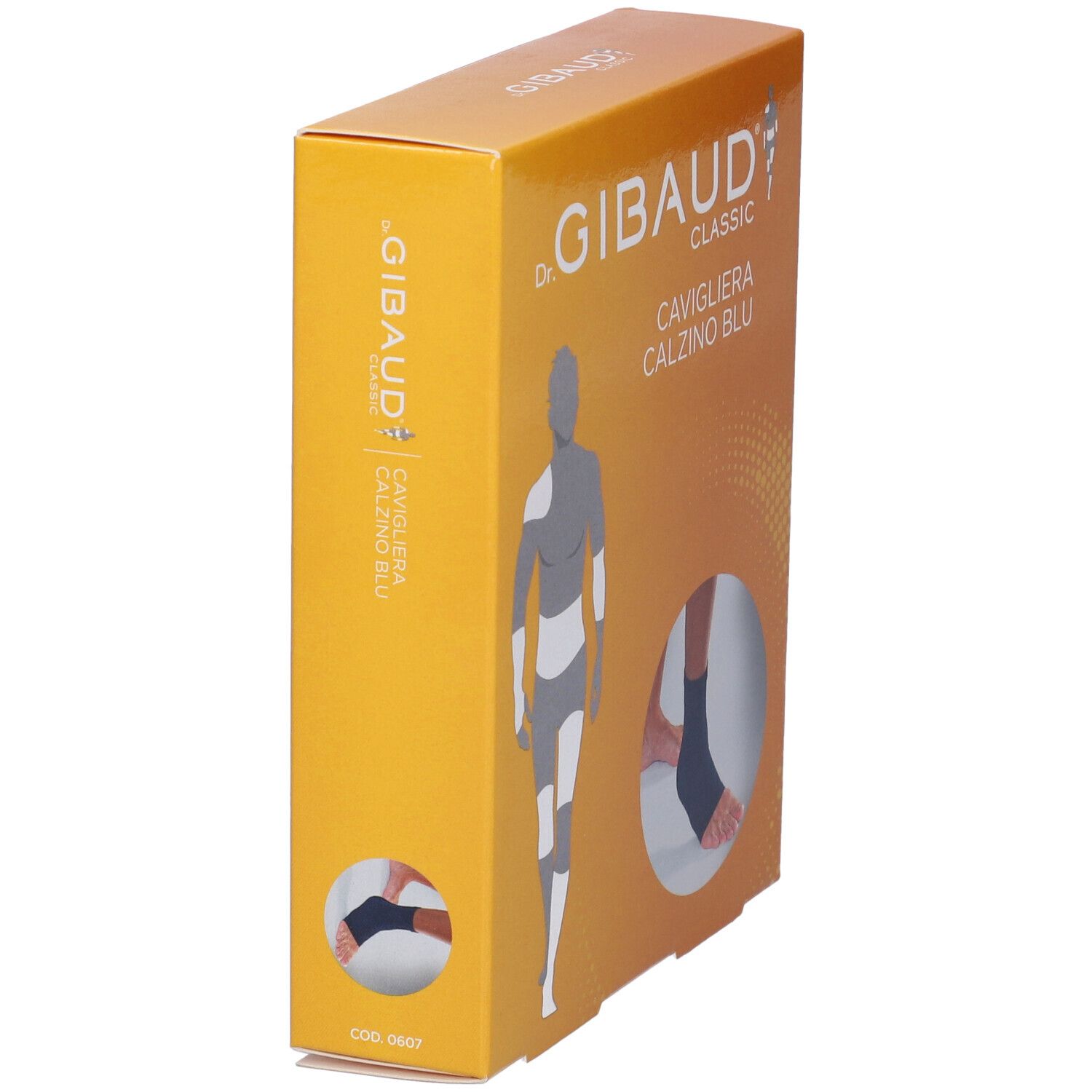 Seitenansicht der Cavigliera Gibaud Calzino Blu 4 Verpackung. Orangefarbener Karton mit Produktinformationen.