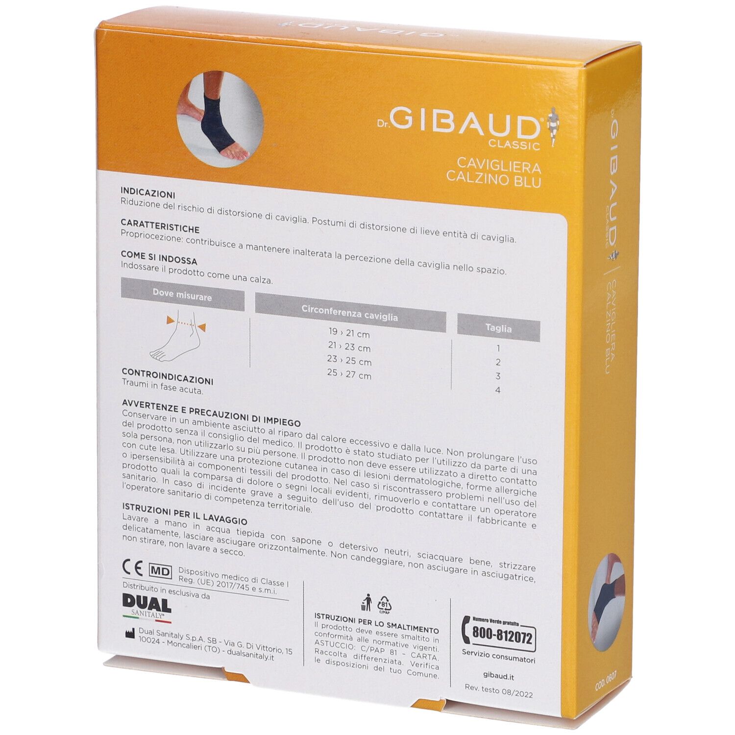 Rückseite der Cavigliera Gibaud Calzino Blu 4 Verpackung. Enthält Produktinformationen, Gebrauchsanweisung und Größen.