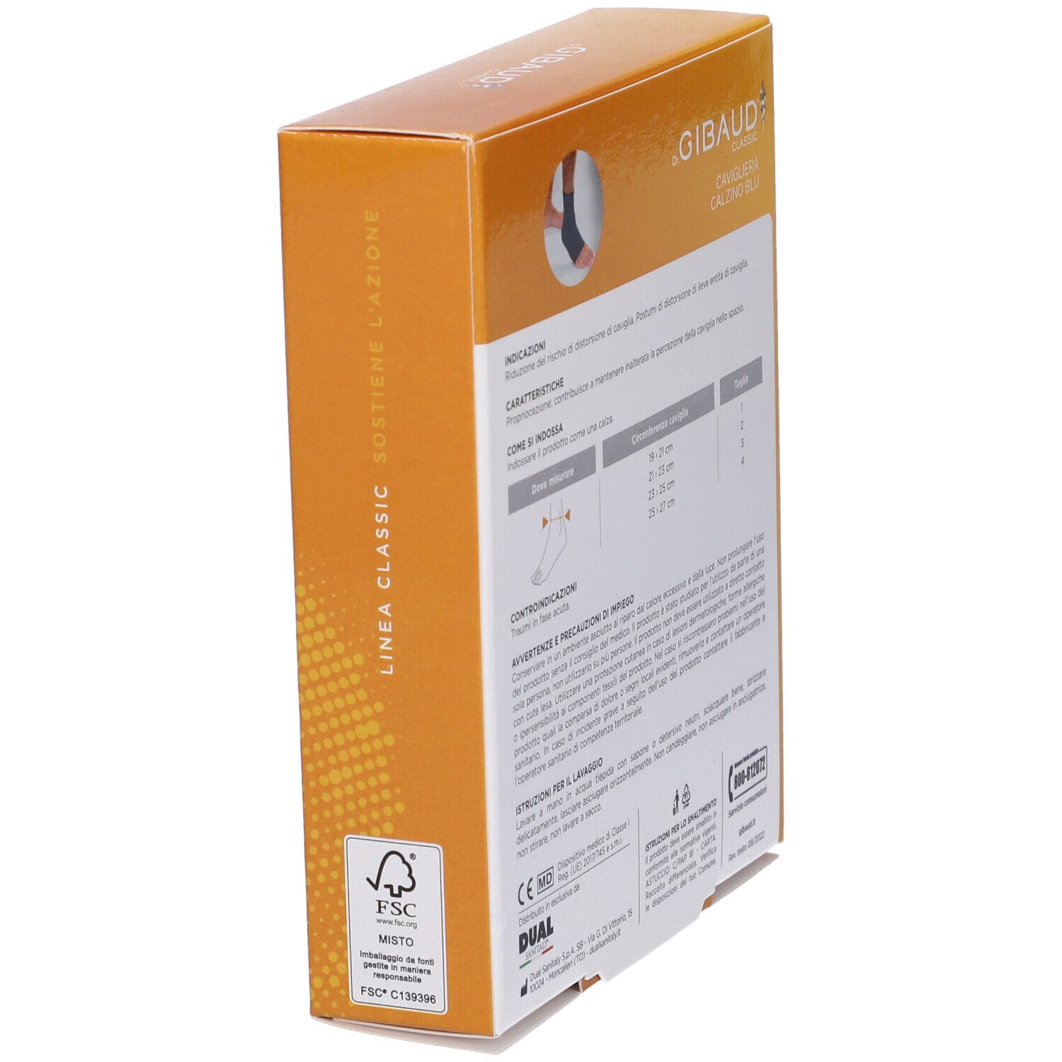 Seitenansicht der Cavigliera Gibaud Calzino Blu 4 Verpackung. FSC-Logo und Produktinformationen.