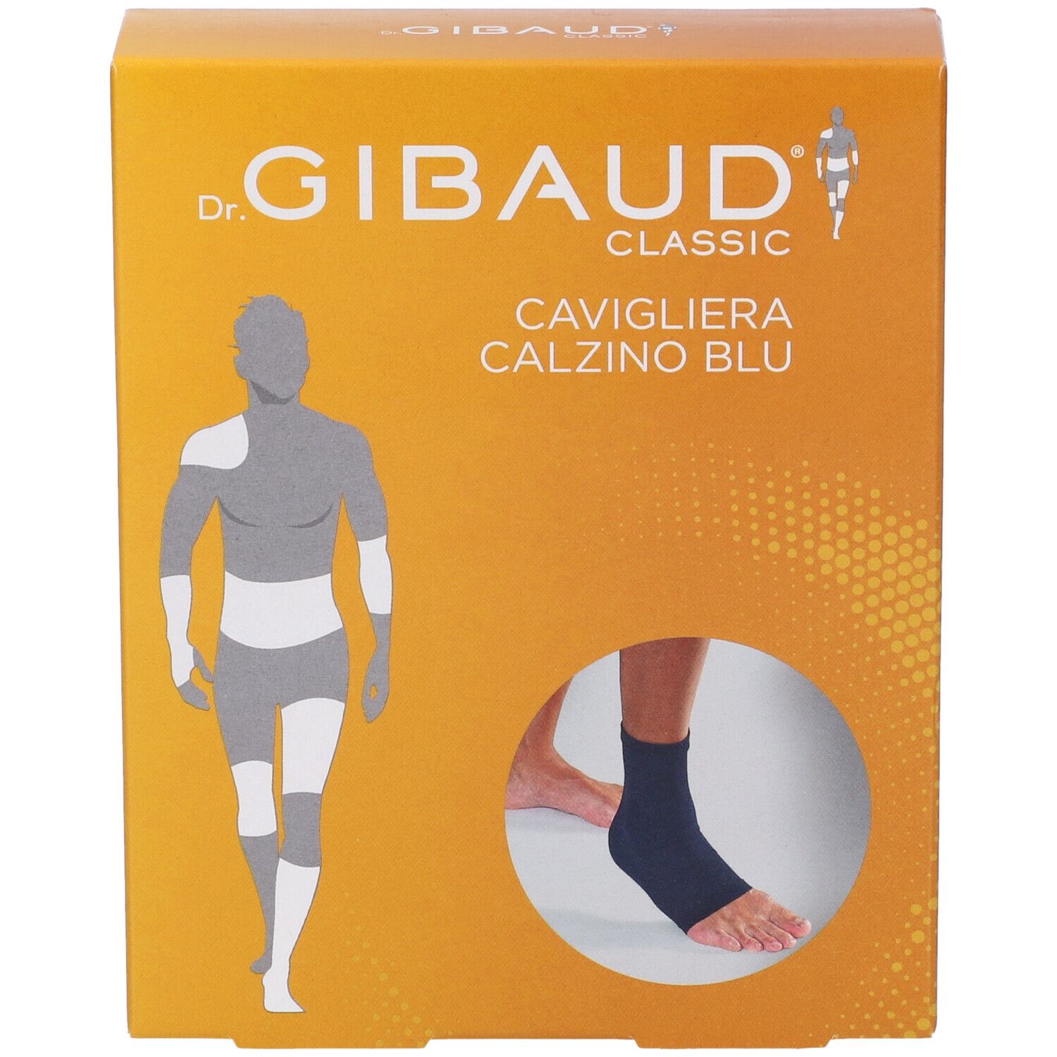 Vorderansicht der Cavigliera Gibaud Calzino Blu 4 Verpackung. Orangefarbener Karton mit Produktabbildung und Markennamen.