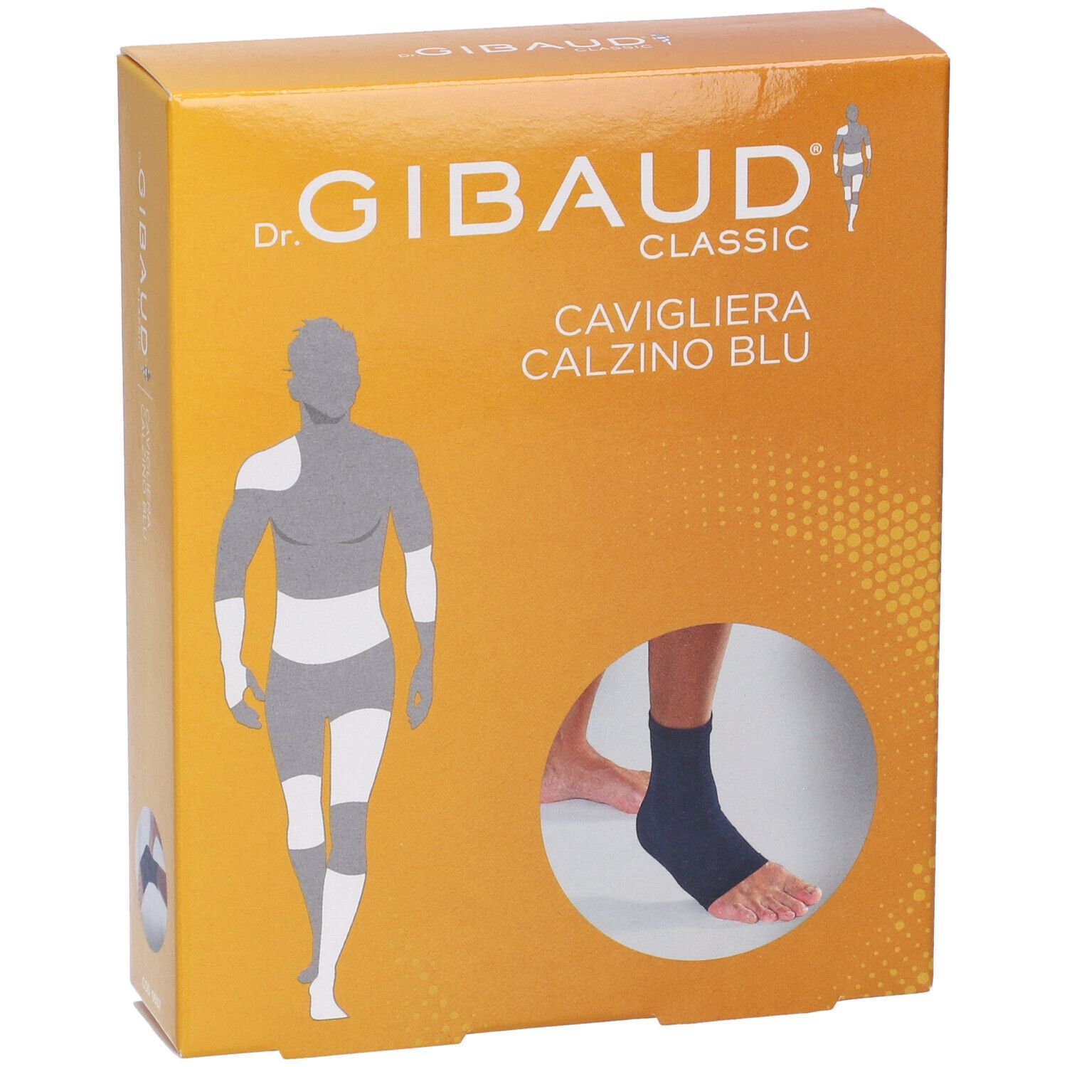 Vorderansicht der Cavigliera Gibaud Calzino Blu 4 Verpackung. Orangefarbener Karton mit Produktabbildung und Markennamen.