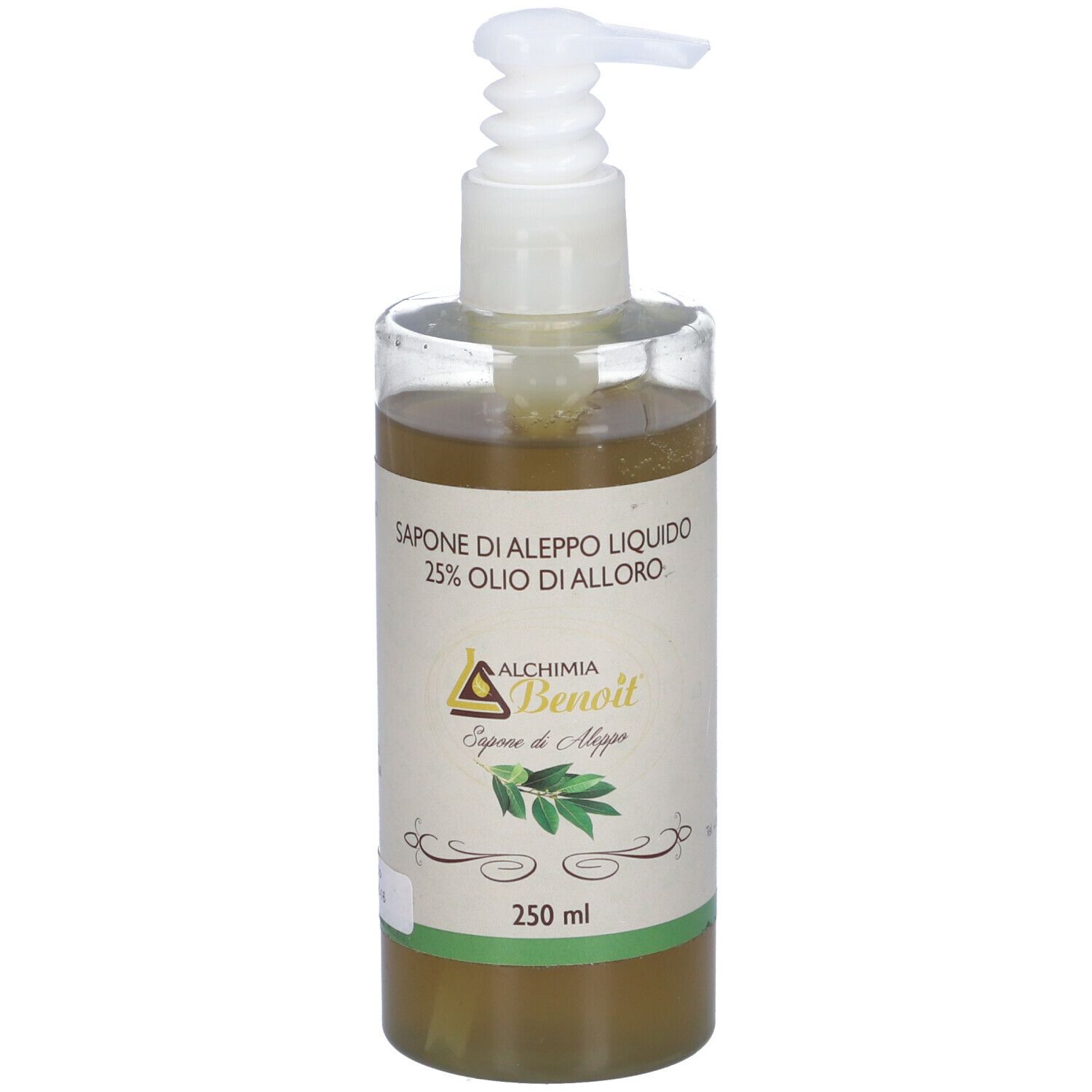 Flacone trasparente di sapone liquido con dosatore. Etichetta con informazioni sul prodotto e logo.