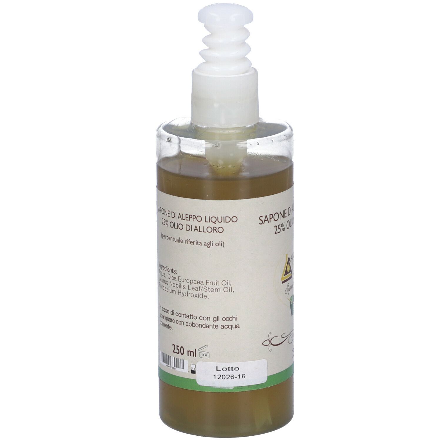 Flacone trasparente di sapone liquido con dosatore. Etichetta con informazioni e ingredienti.