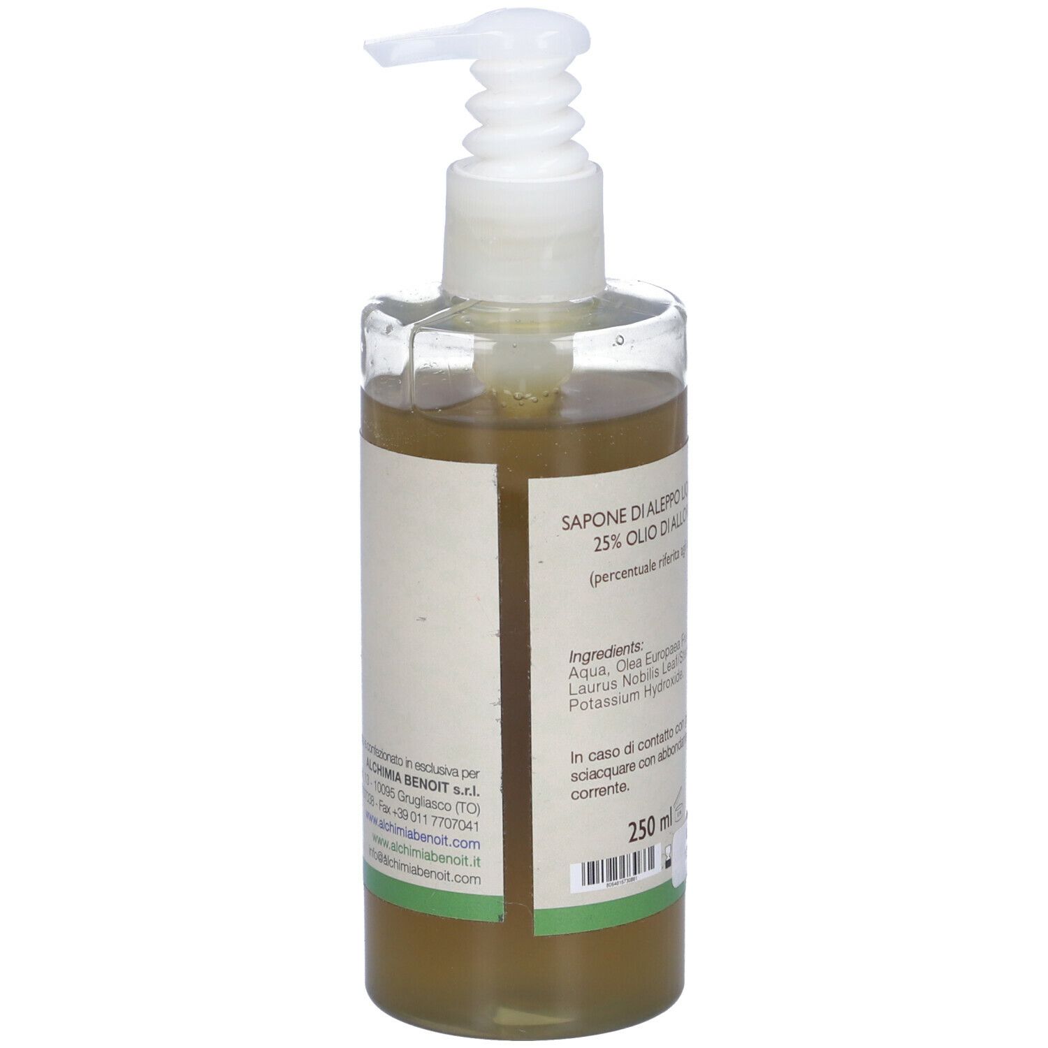 Flacone trasparente di sapone liquido con dosatore. Etichetta con informazioni e ingredienti.