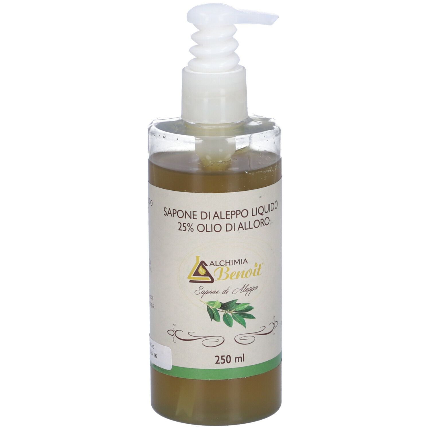 Flacone trasparente di sapone liquido con dosatore. Etichetta con informazioni sul prodotto e logo.