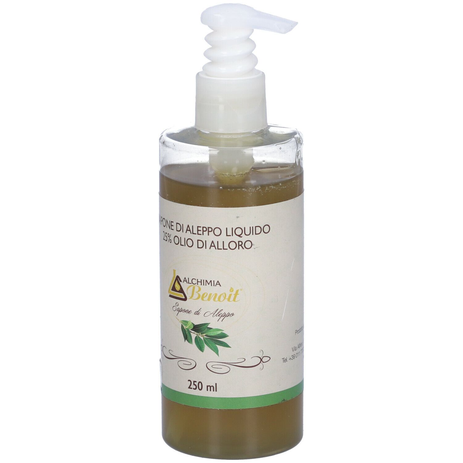 Flacone trasparente di sapone liquido con dosatore. Etichetta con informazioni sul prodotto e logo.