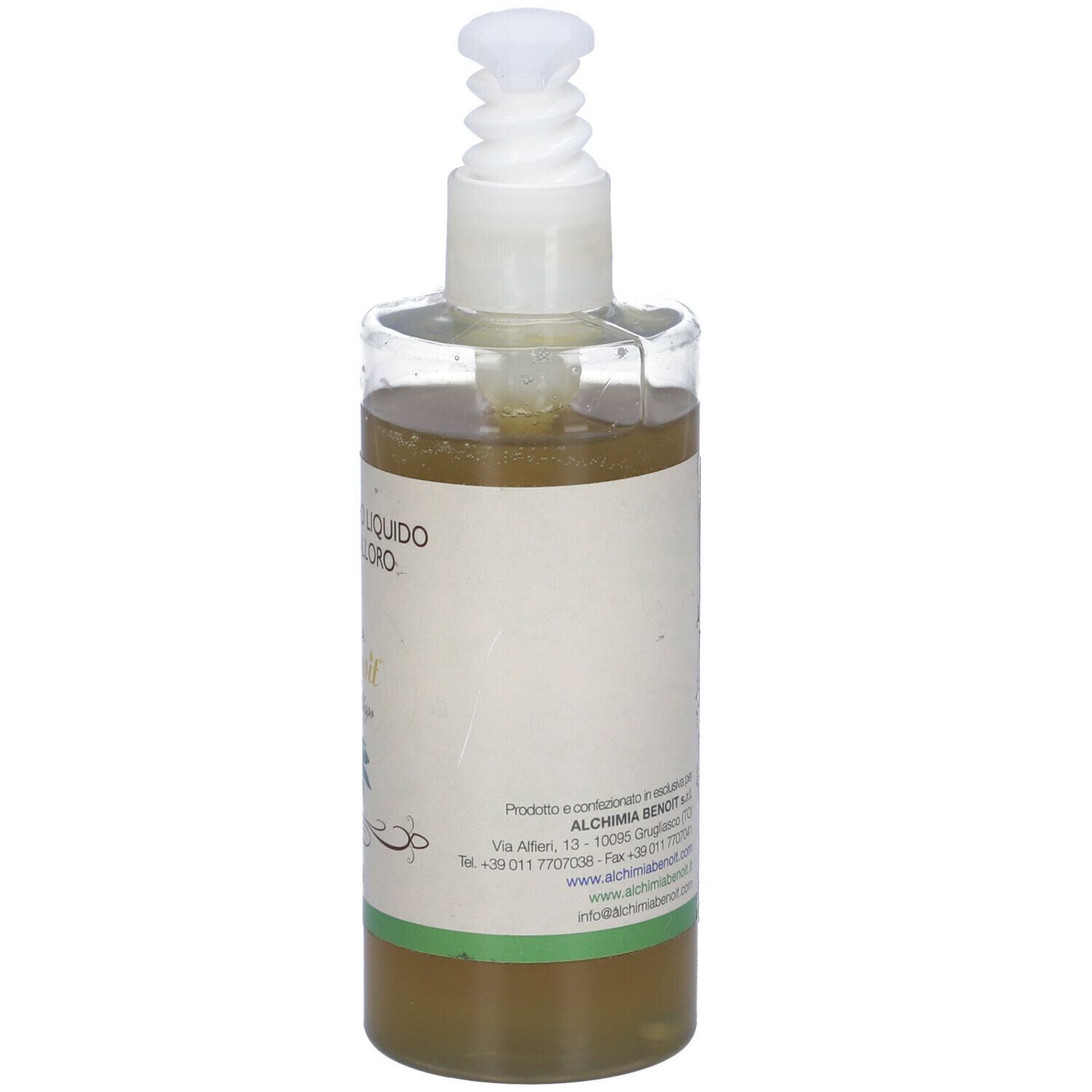 Flacone trasparente di sapone liquido con dosatore. Etichetta con informazioni sul prodotto e logo.