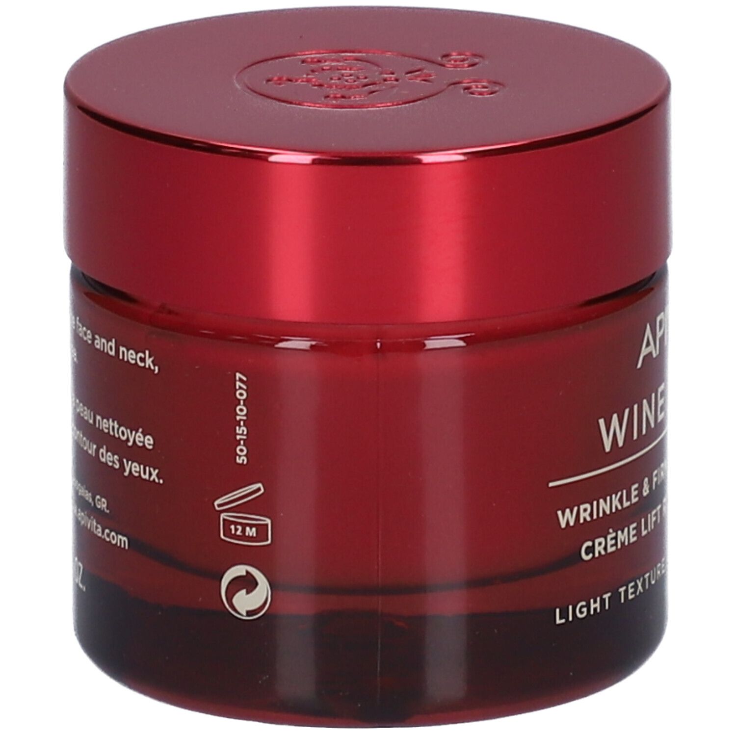 Vaso di crema rosso con coperchio. Scritta: APIVITA Wine Elixir, crema antirughe. Testo sul retro.