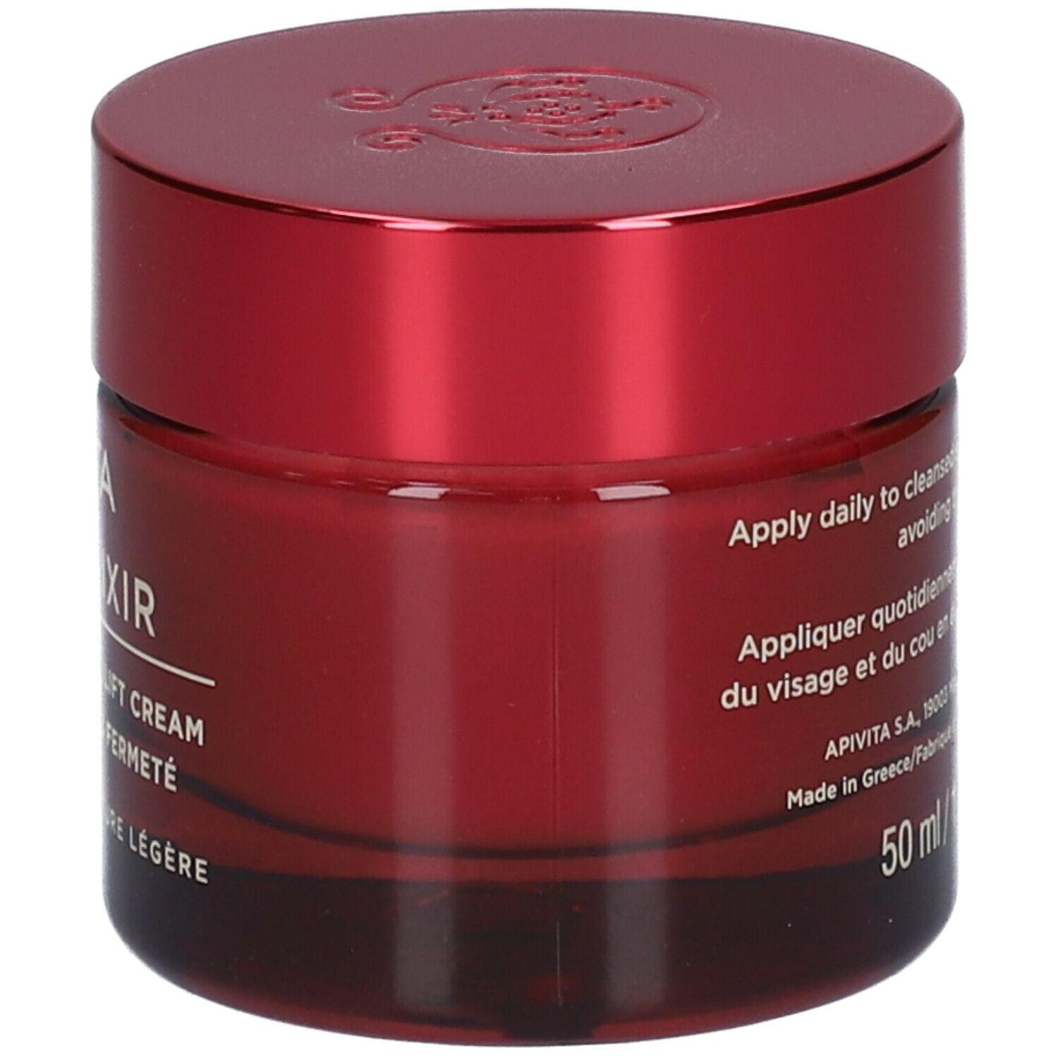 Vaso di crema rosso con coperchio. Scritta: APIVITA Wine Elixir, crema antirughe. Testo: 50 ml.