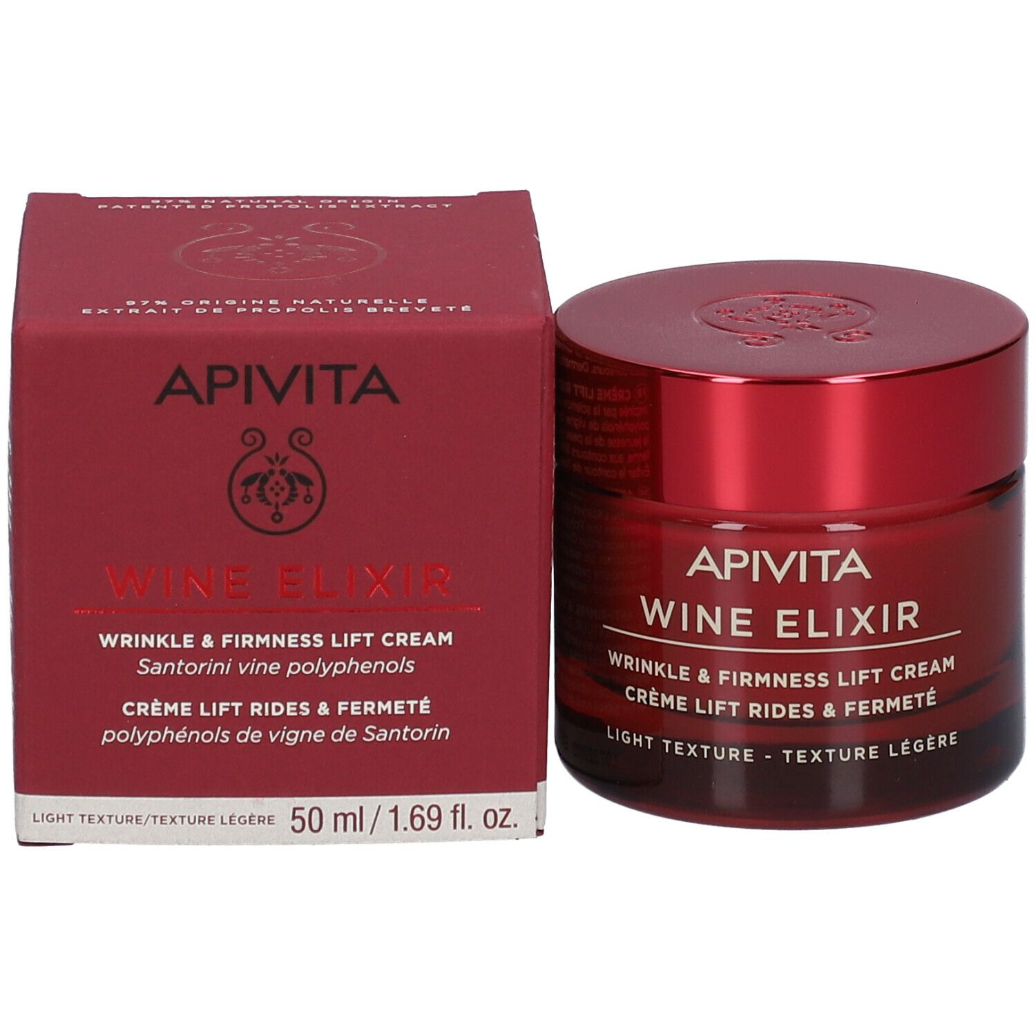 Vaso di crema e scatola. Scritta: APIVITA Wine Elixir, crema antirughe. 50 ml.