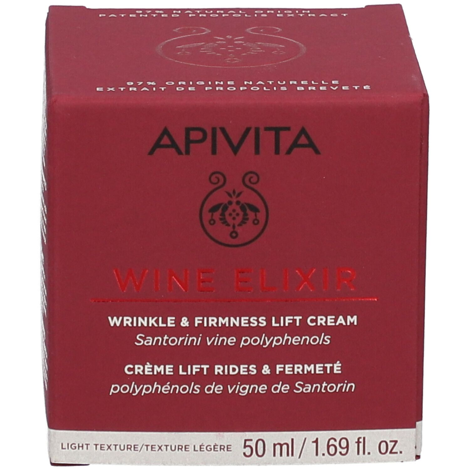 Scatola rossa. Scritta: APIVITA Wine Elixir, crema antirughe. 50 ml.