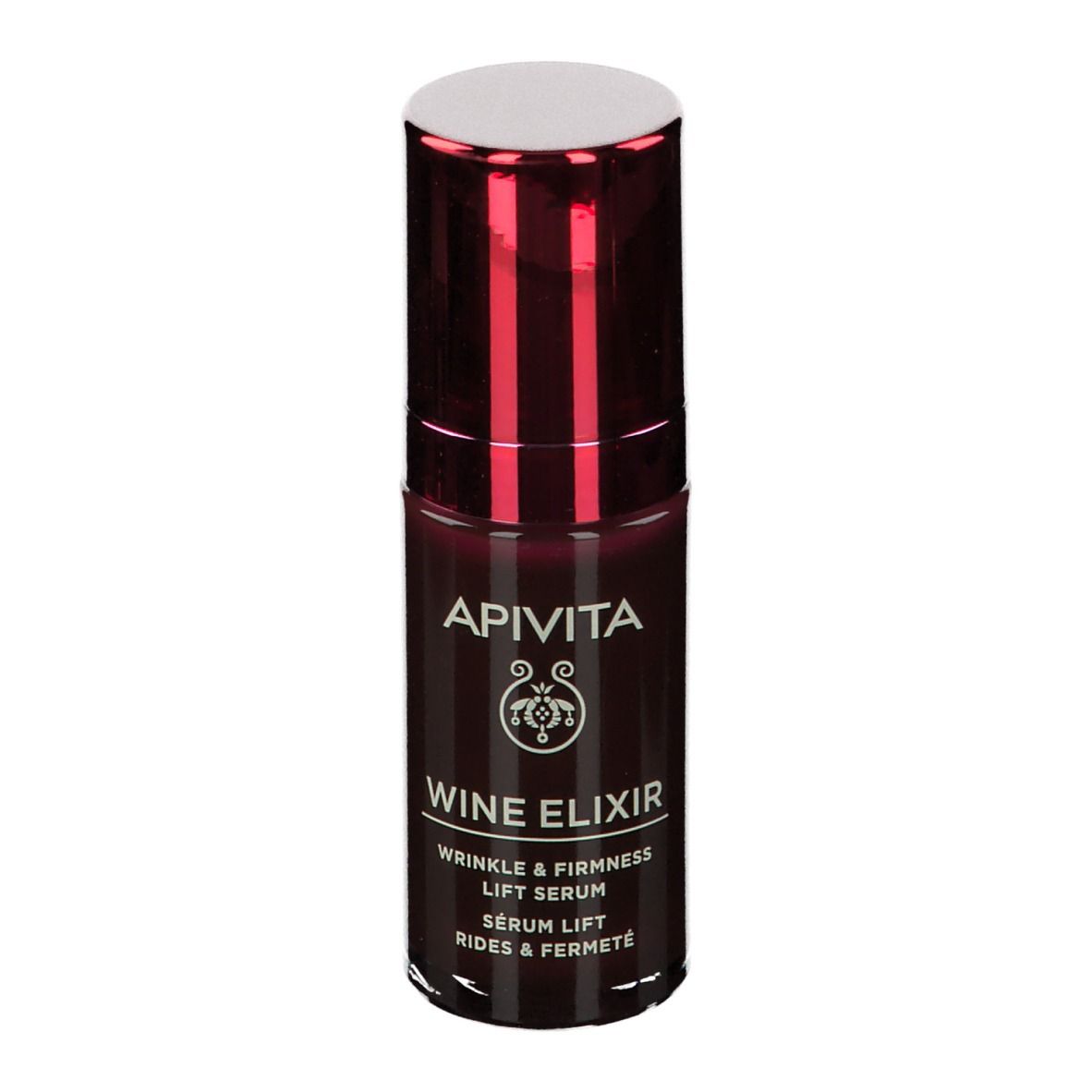 Flacone rosso scuro con tappo bianco. Scritte: APIVITA, Wine Elixir, Siero Lift.
