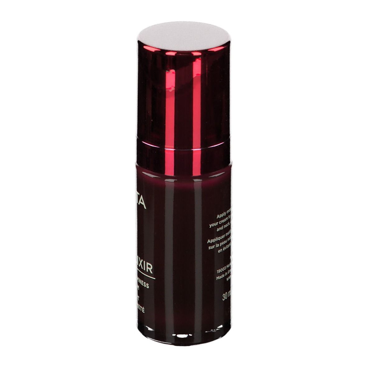 Flacone rosso scuro con tappo bianco. Scritte: APIVITA, Wine Elixir, Siero Lift. Testo sul retro.