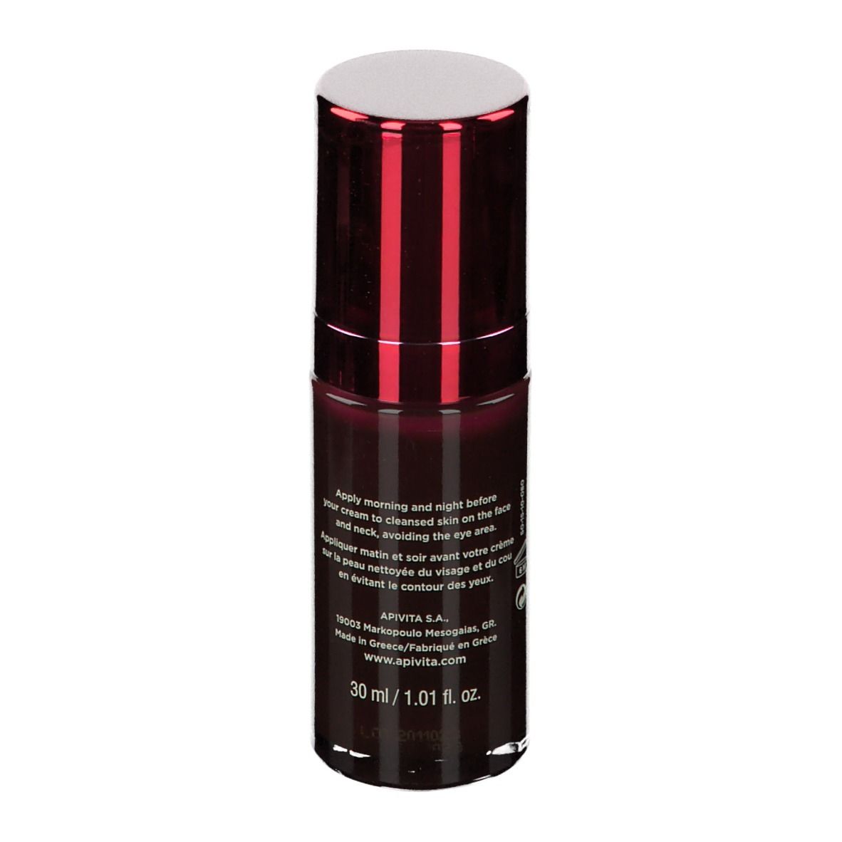 Flacone rosso scuro con tappo bianco. Scritte: APIVITA, Wine Elixir, Siero Lift. Testo sul retro.