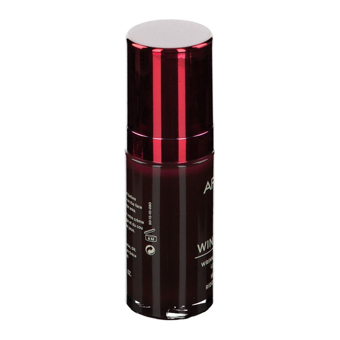 Flacone rosso scuro con tappo bianco. Scritte: APIVITA, Wine Elixir, Siero Lift. Testo sul retro.