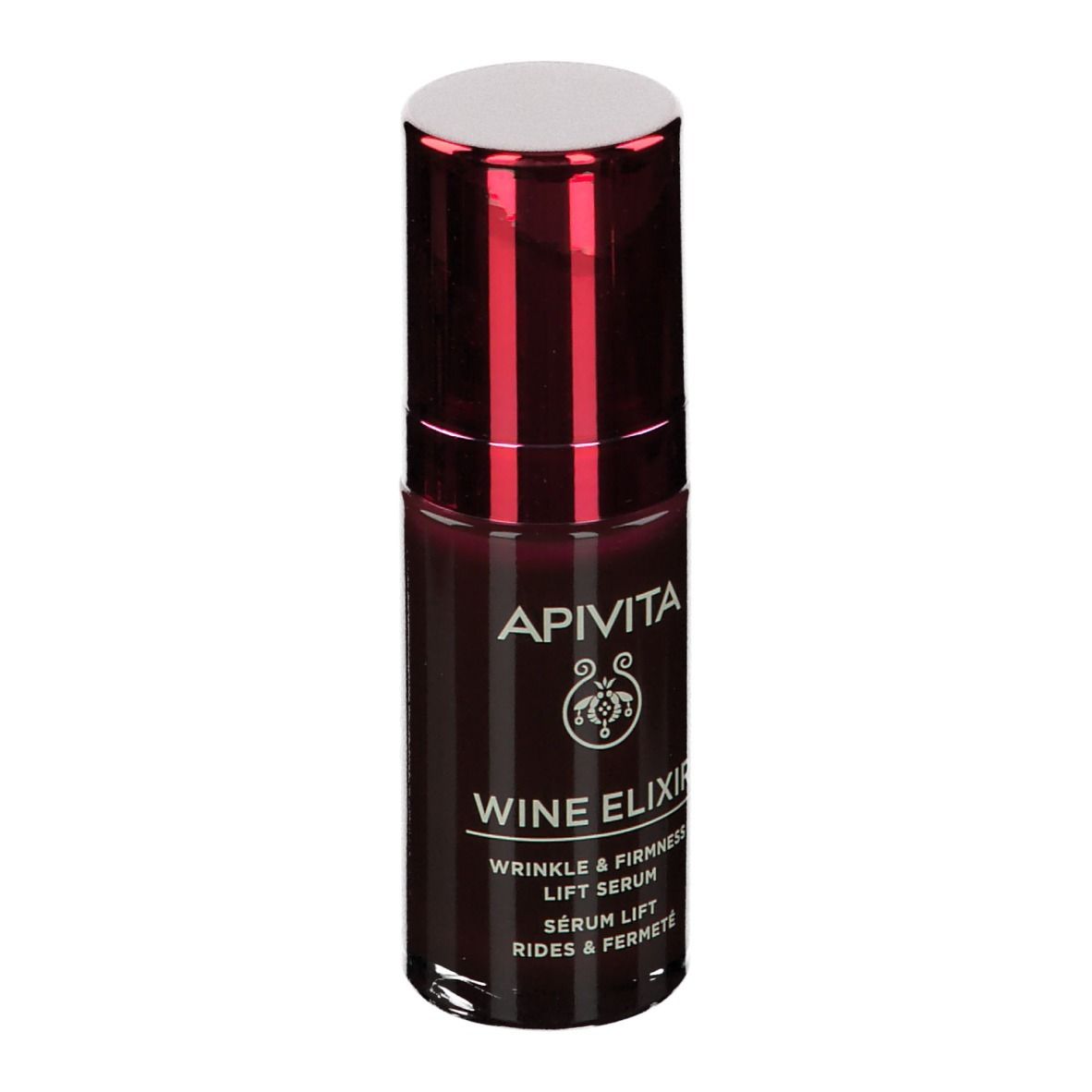 Flacone rosso scuro con tappo bianco. Scritte: APIVITA, Wine Elixir, Siero Lift. Testo sul retro.
