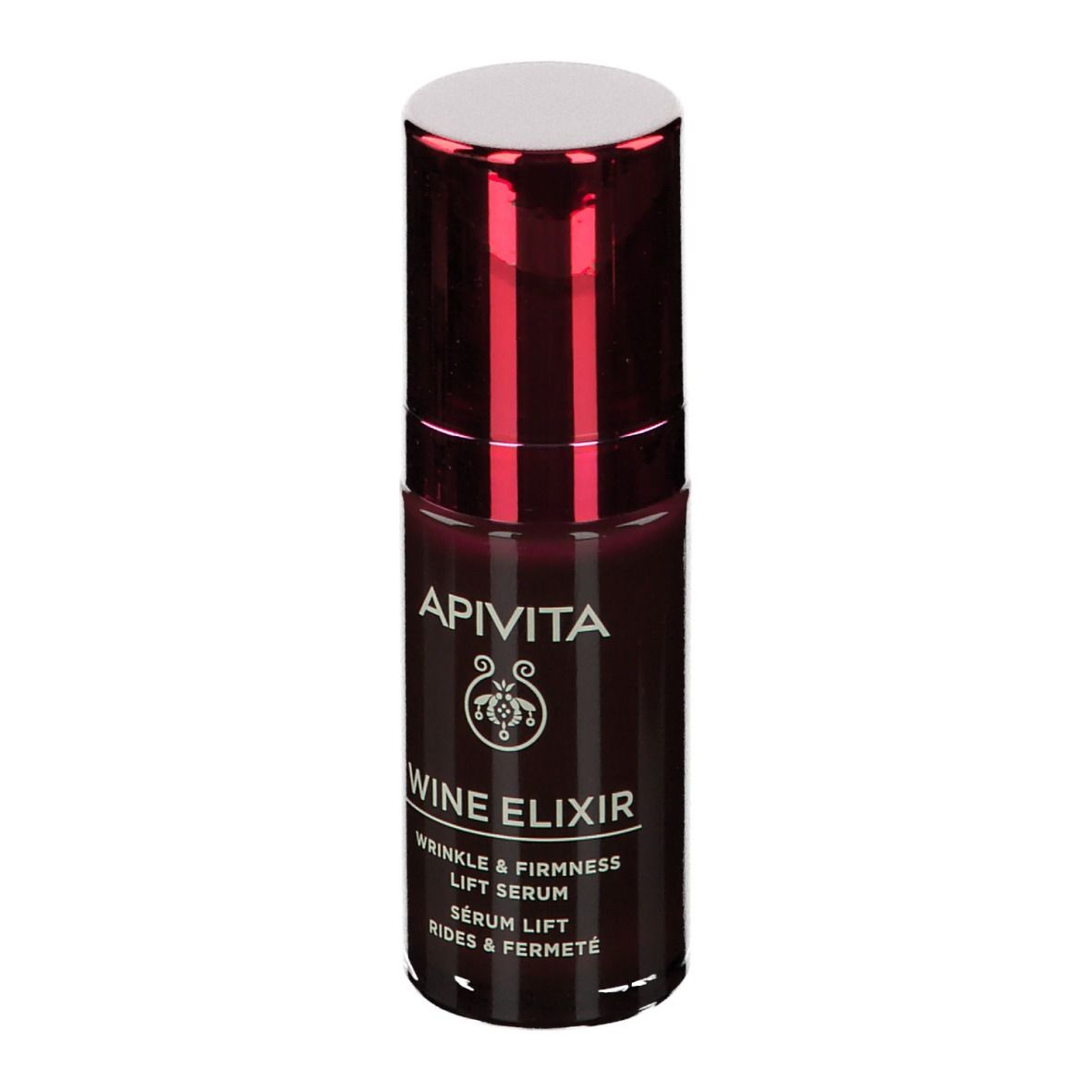 Flacone rosso scuro con tappo bianco. Scritte: APIVITA, Wine Elixir, Siero Lift.