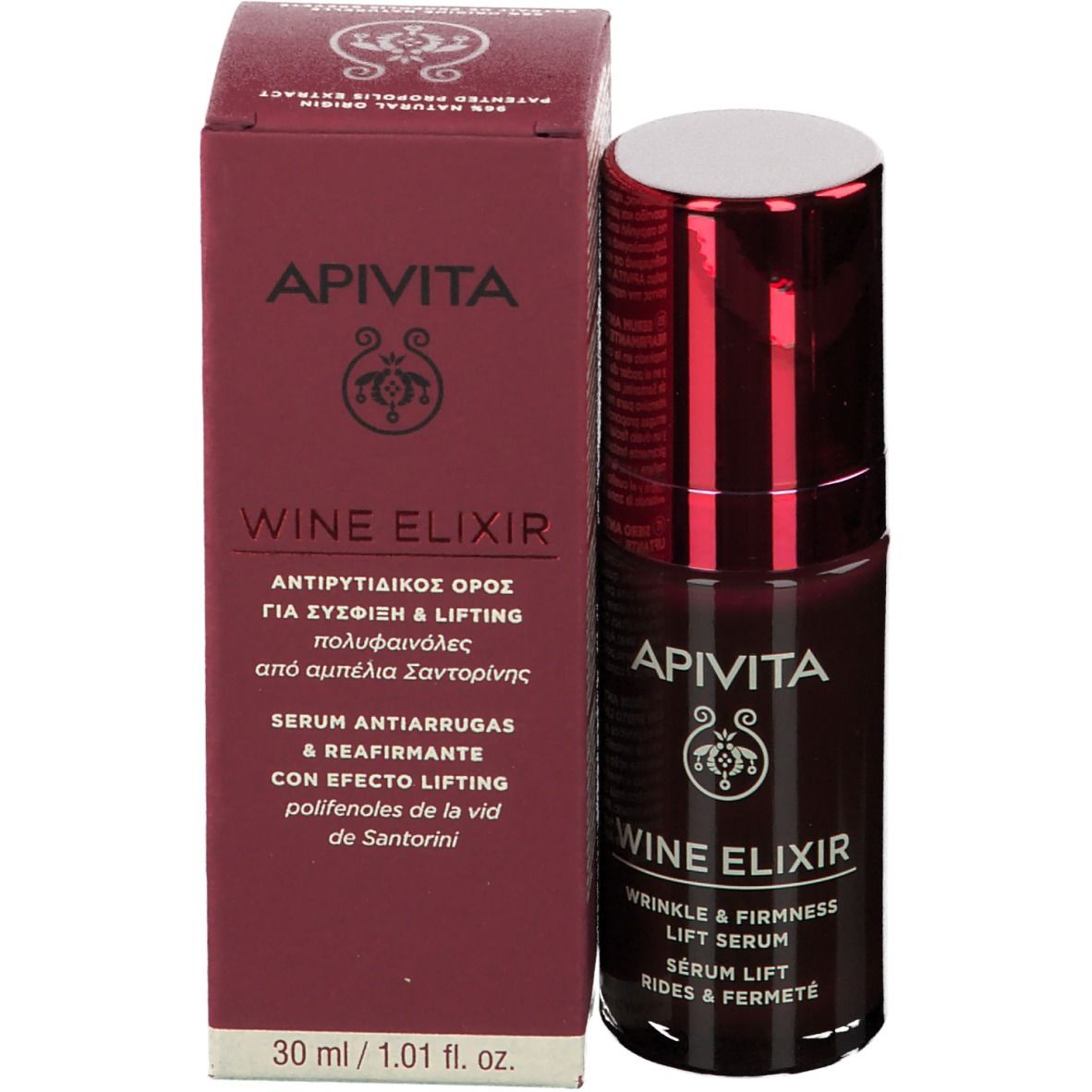 Flacone rosso scuro con tappo bianco. Scritte: APIVITA, Wine Elixir, Siero Lift. Con confezione.