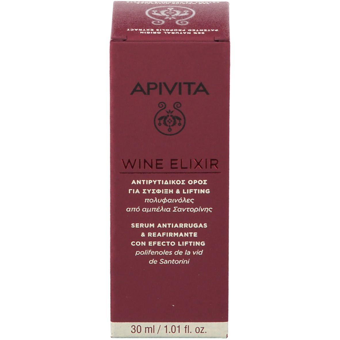 Confezione con scritte: APIVITA, Wine Elixir, Siero Lift. 30 ml.