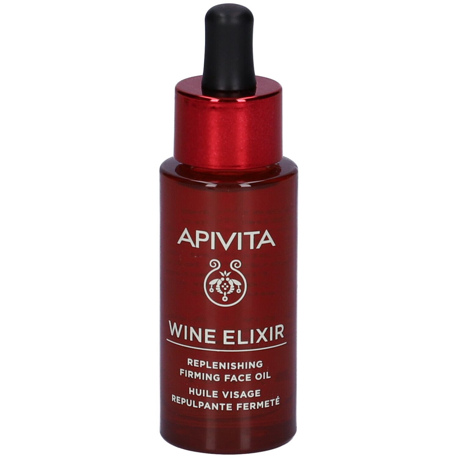 Flacone di vetro rosso con contagocce nero. Scritta: APIVITA, Wine Elixir, Replenishing Firming Face Oil.