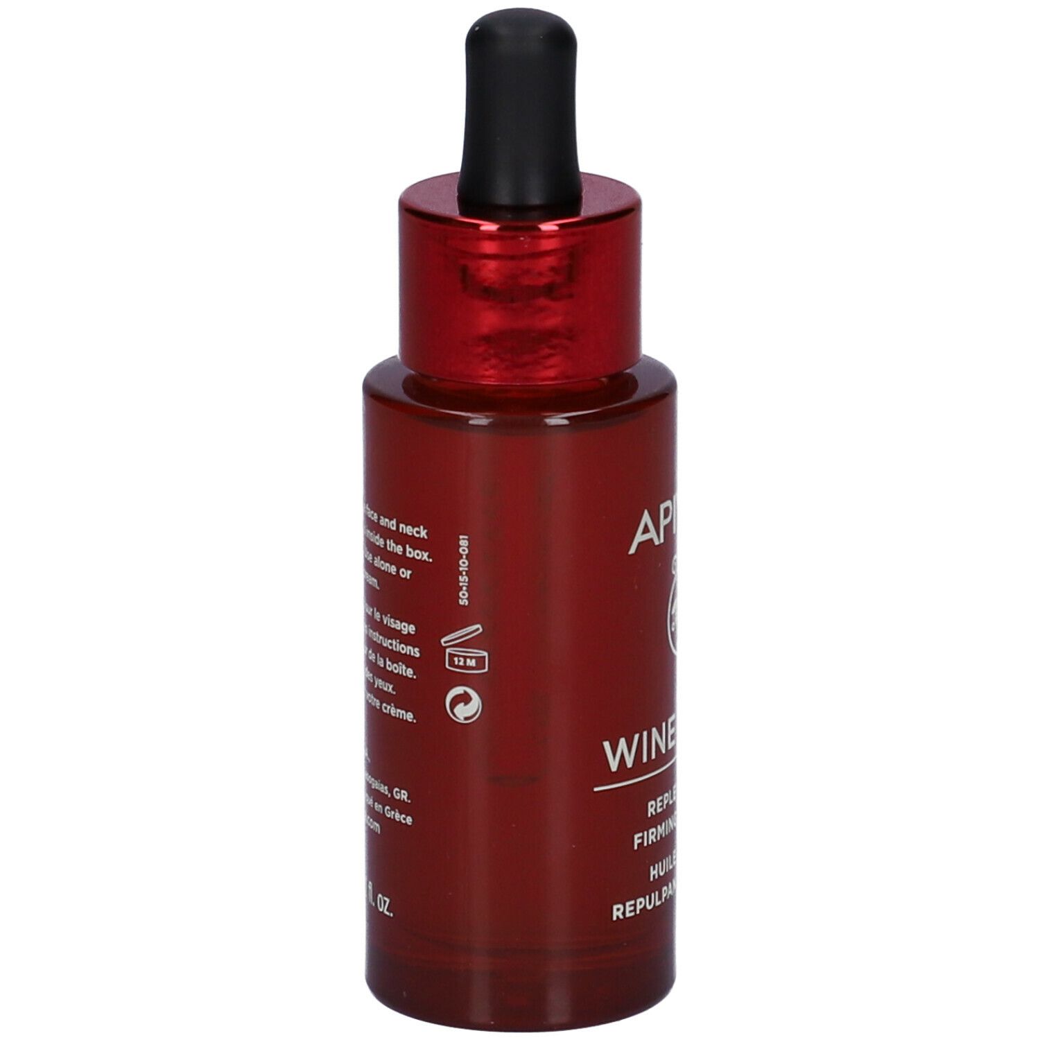 Flacone di vetro rosso con contagocce nero. Scritta: APIVITA, Wine Elixir, Replenishing Firming Face Oil. Testo sul retro.