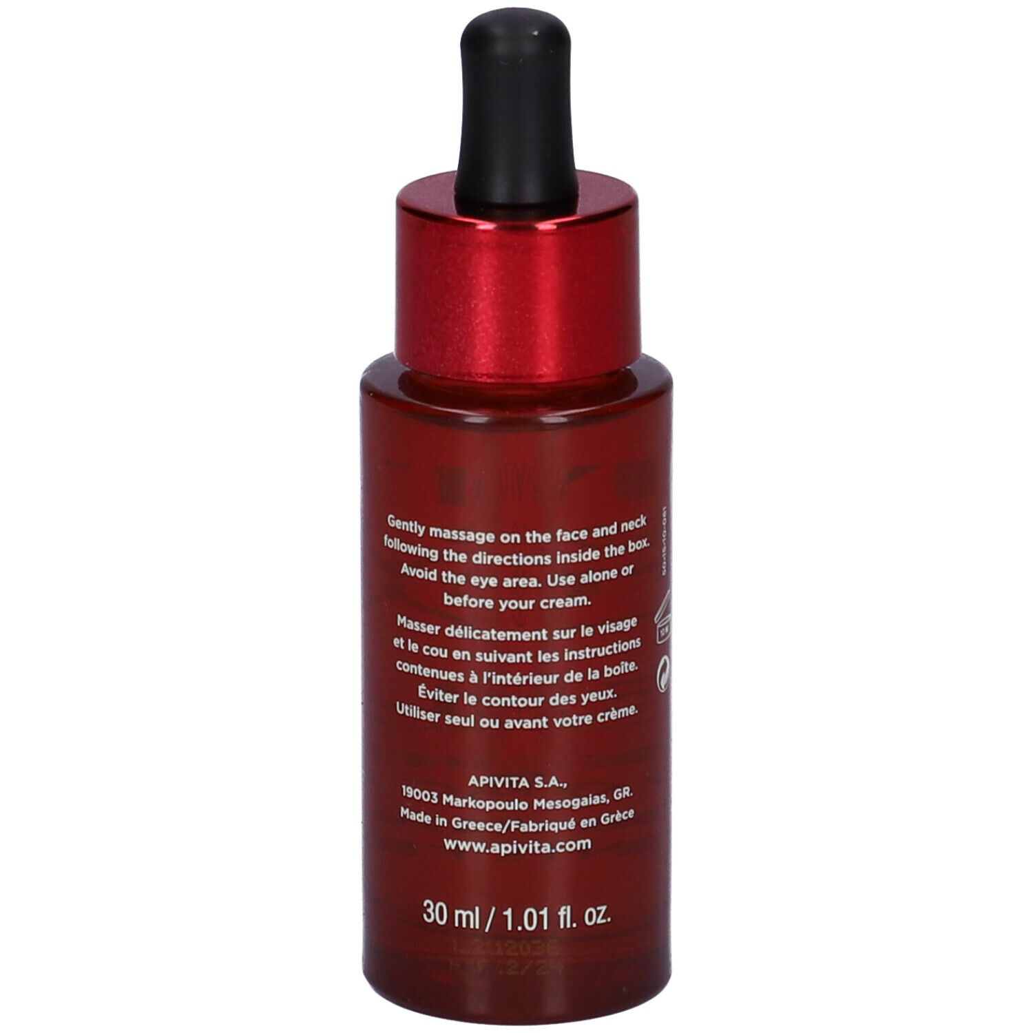 Flacone di vetro rosso con contagocce nero. Scritta: APIVITA, Wine Elixir, Replenishing Firming Face Oil. Testo sul retro.