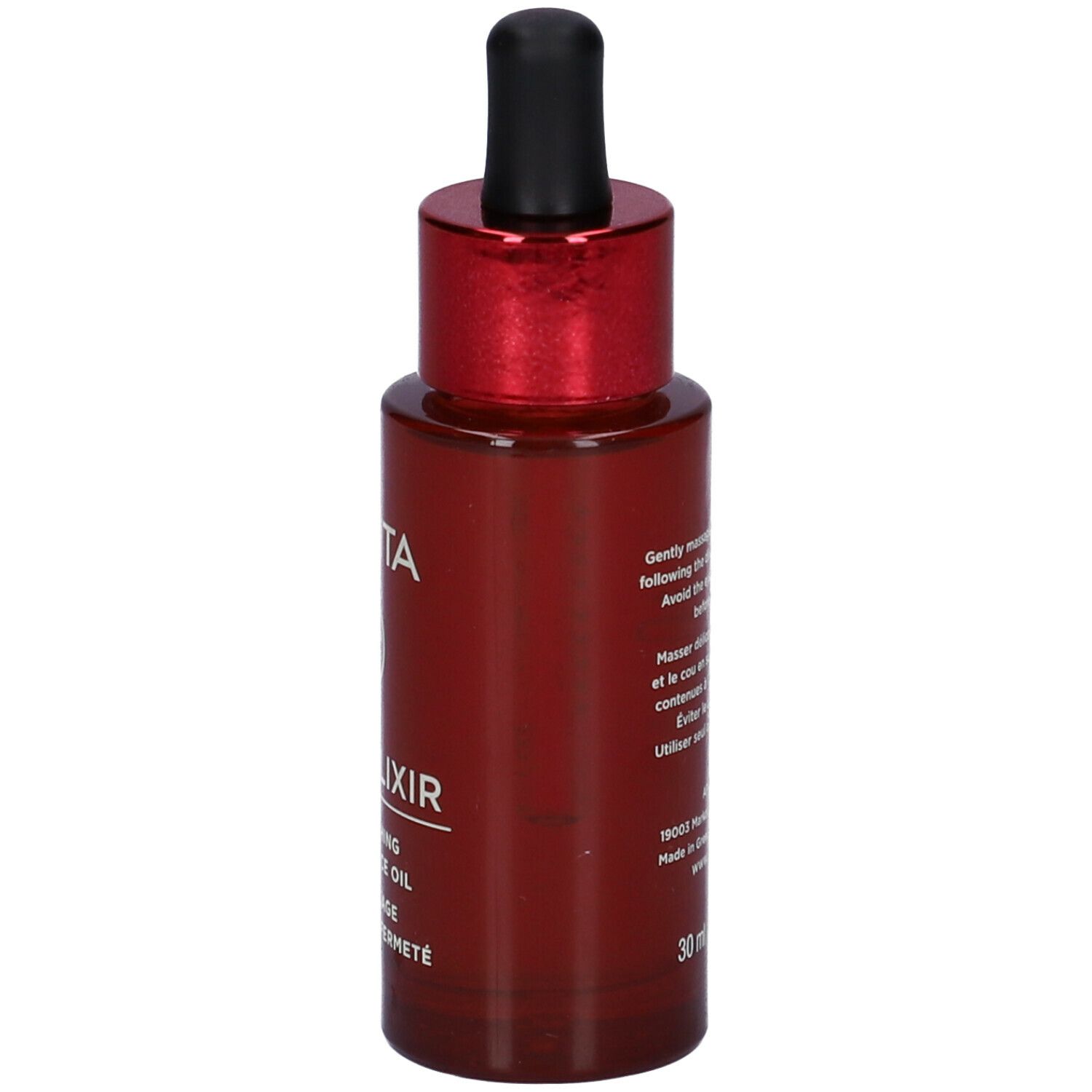 Flacone di vetro rosso con contagocce nero. Scritta: APIVITA, Wine Elixir, Replenishing Firming Face Oil. Testo sul retro.